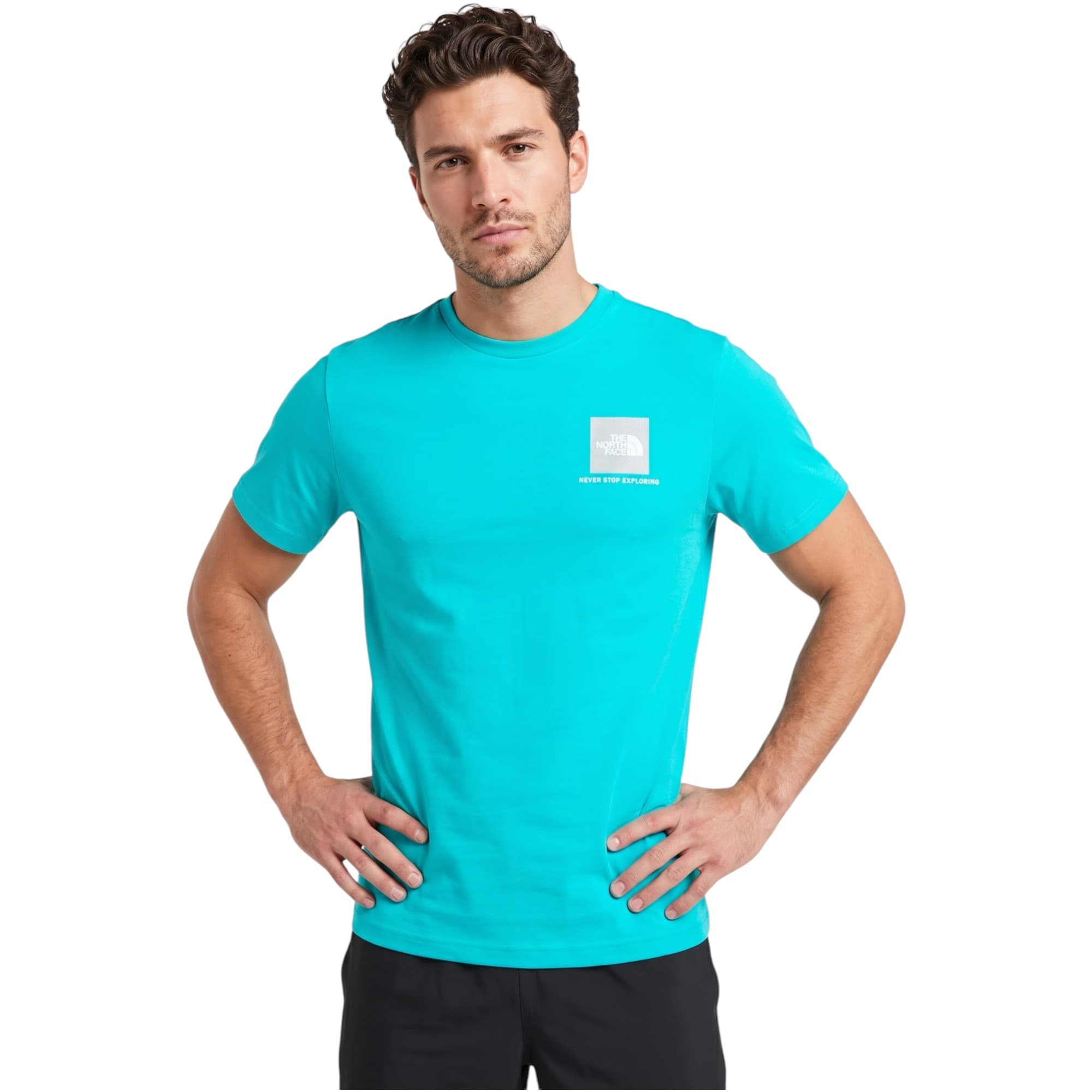 The North Face Men's Galactic Blue T-Shirt front view with chest logo graphic