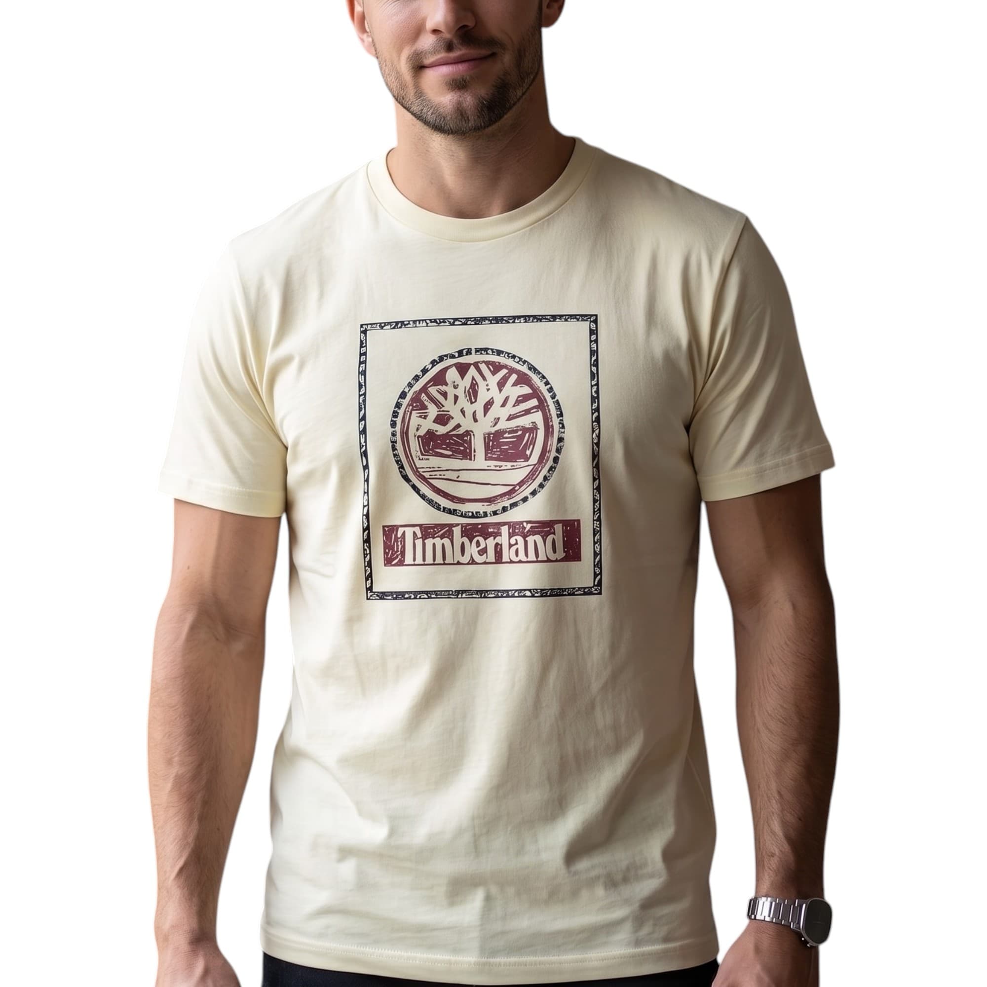 Timberland men's cream t-shirt with chest logo, front view