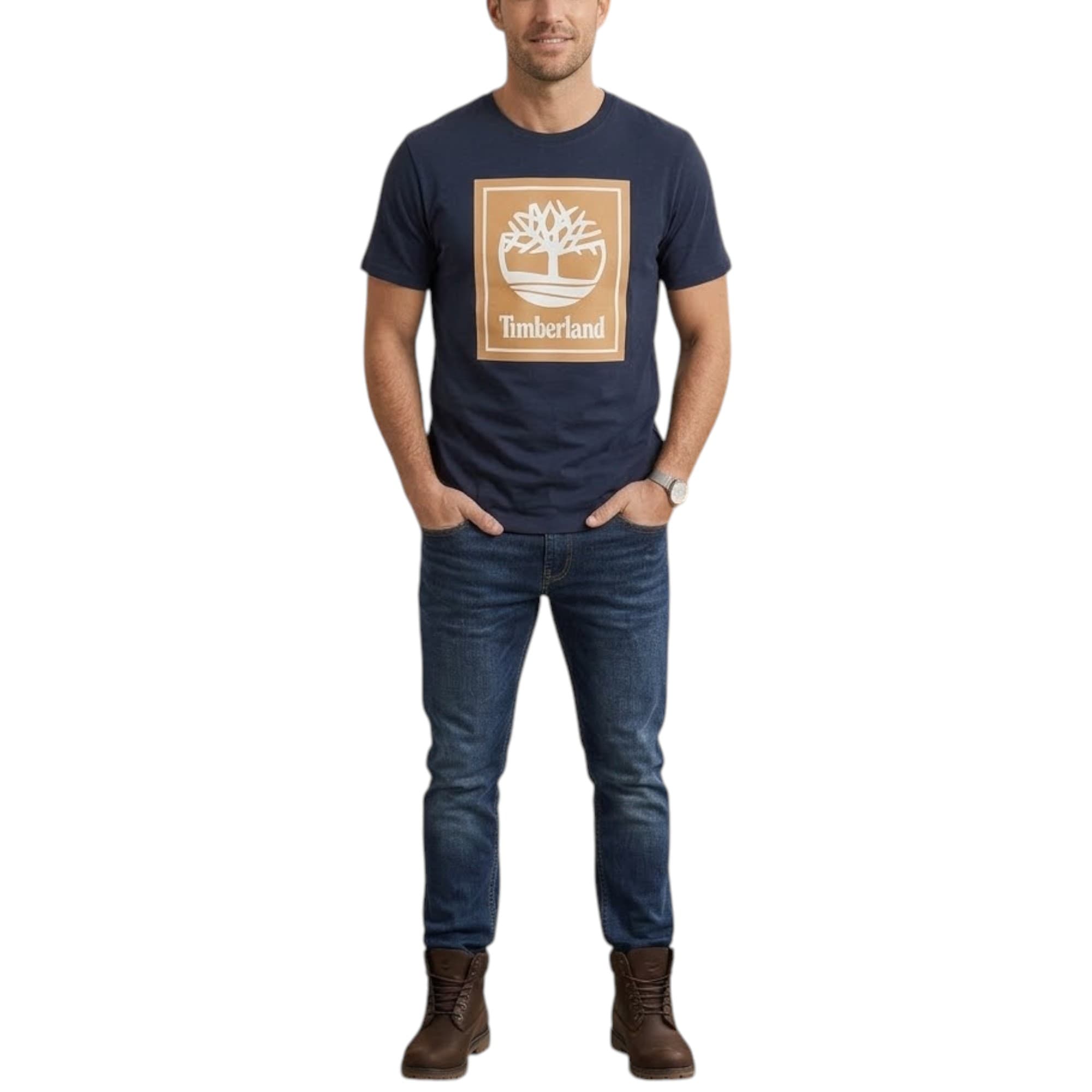Timberland men's navy printed T-shirt with tree logo, front view