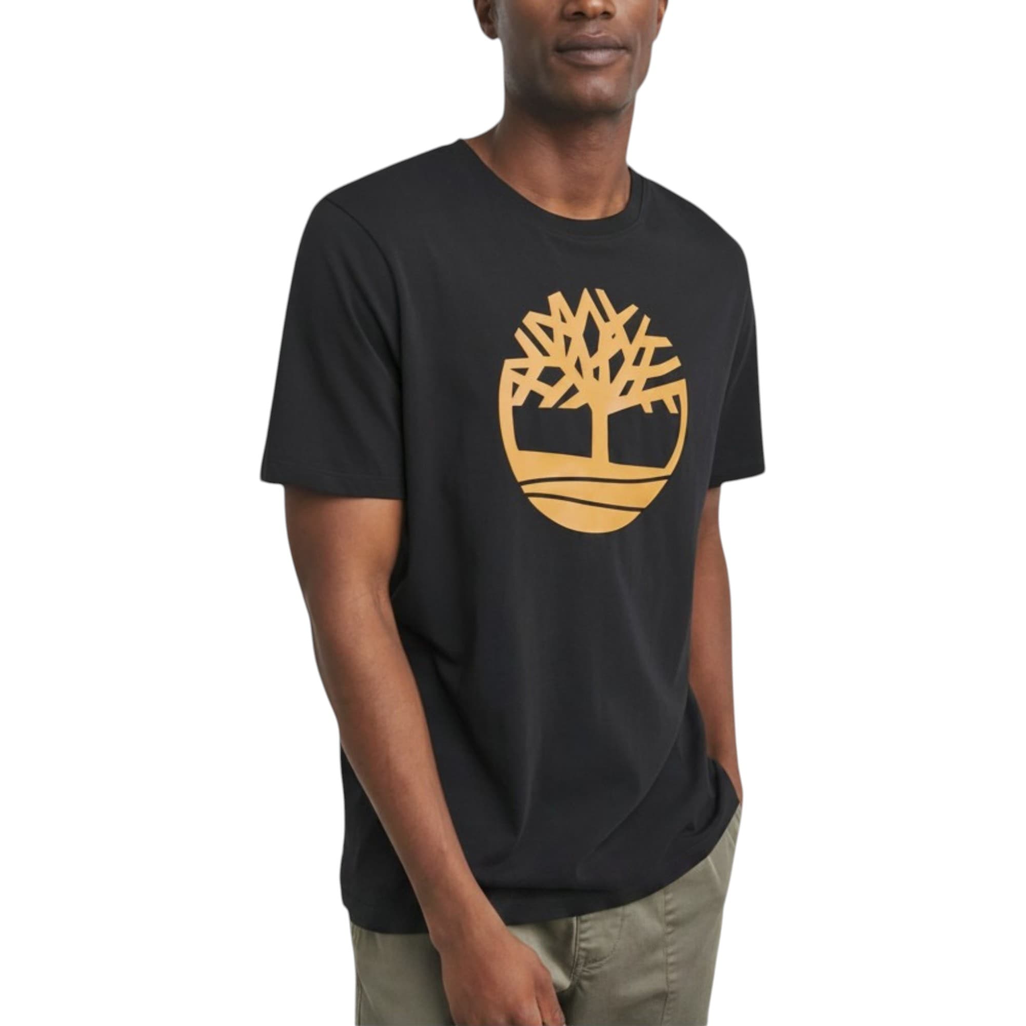 Timberland Kennebec River men's black crew neck T-shirt with tree logo graphic, front view