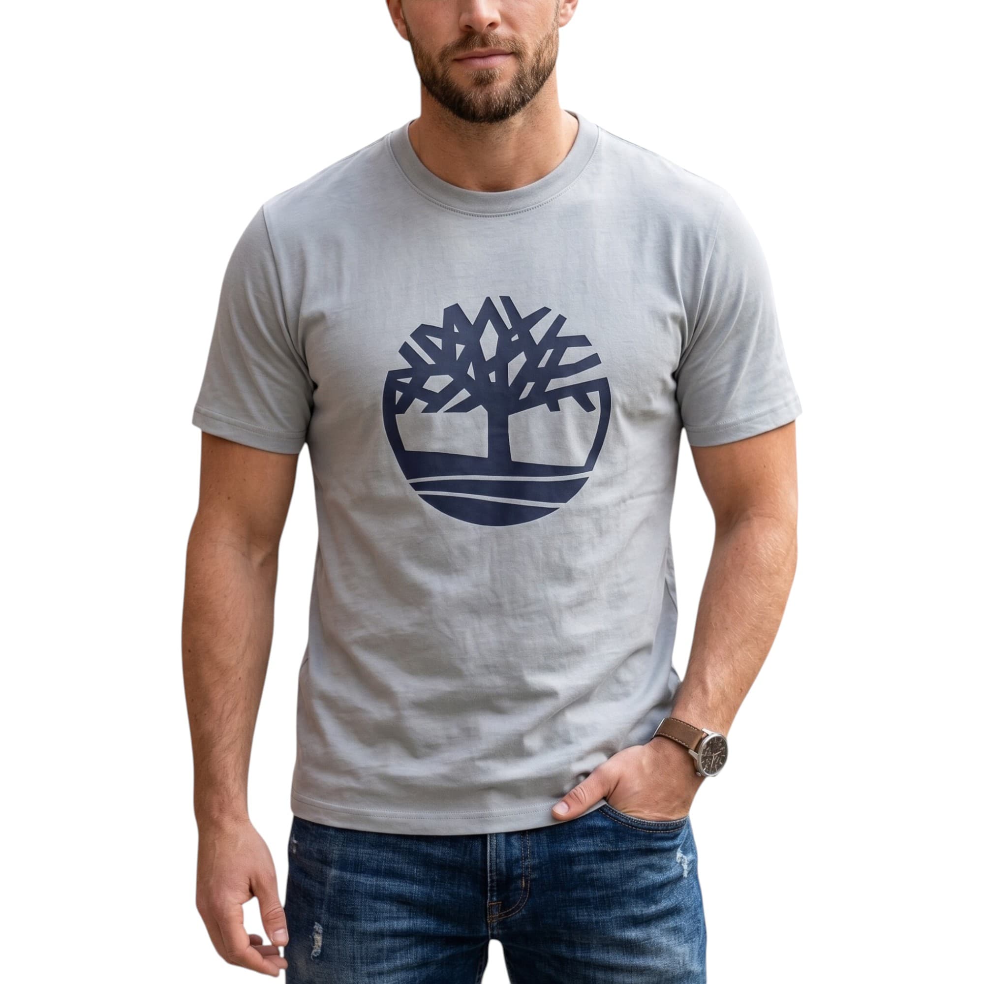 Timberland Kennebec River men's silver crew neck t-shirt with tree logo graphic, front view
