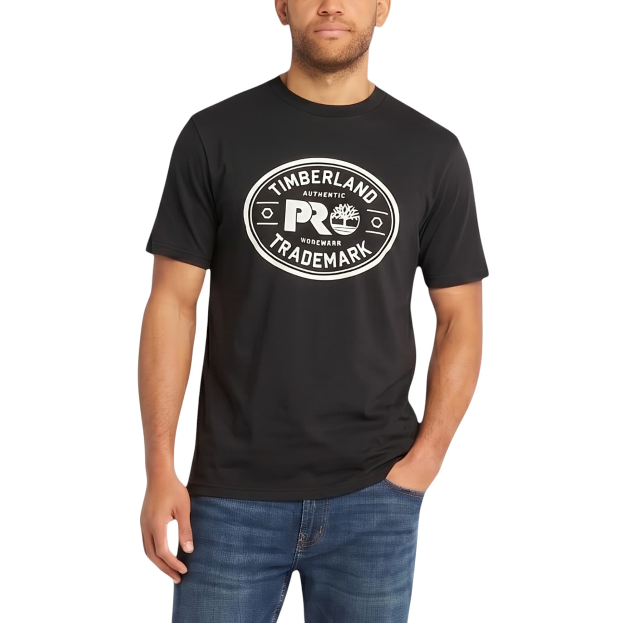 Timberland Pro Trademark men's black t-shirt front view with chest logo