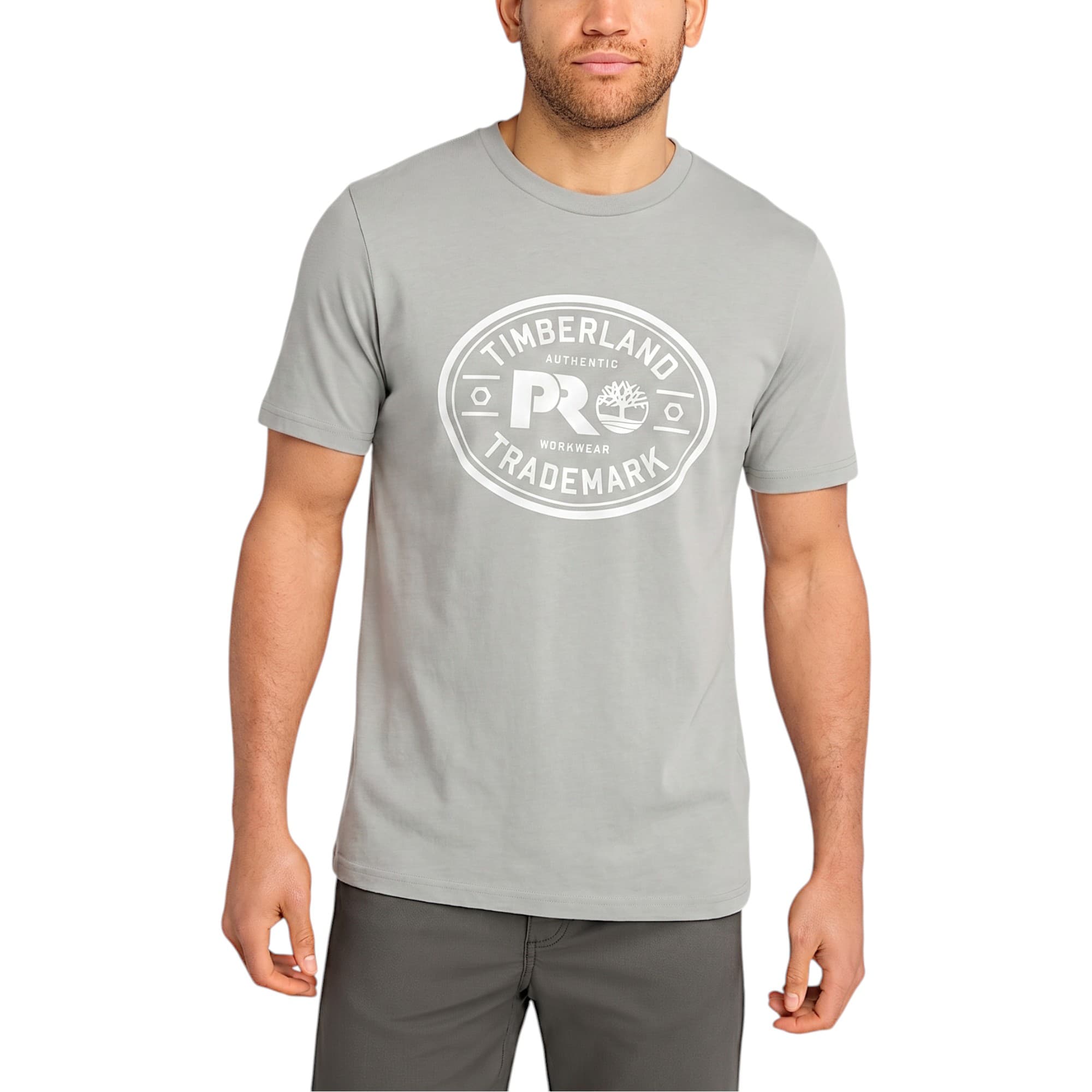 Timberland Pro Trademark grey men's t-shirt front view with chest logo