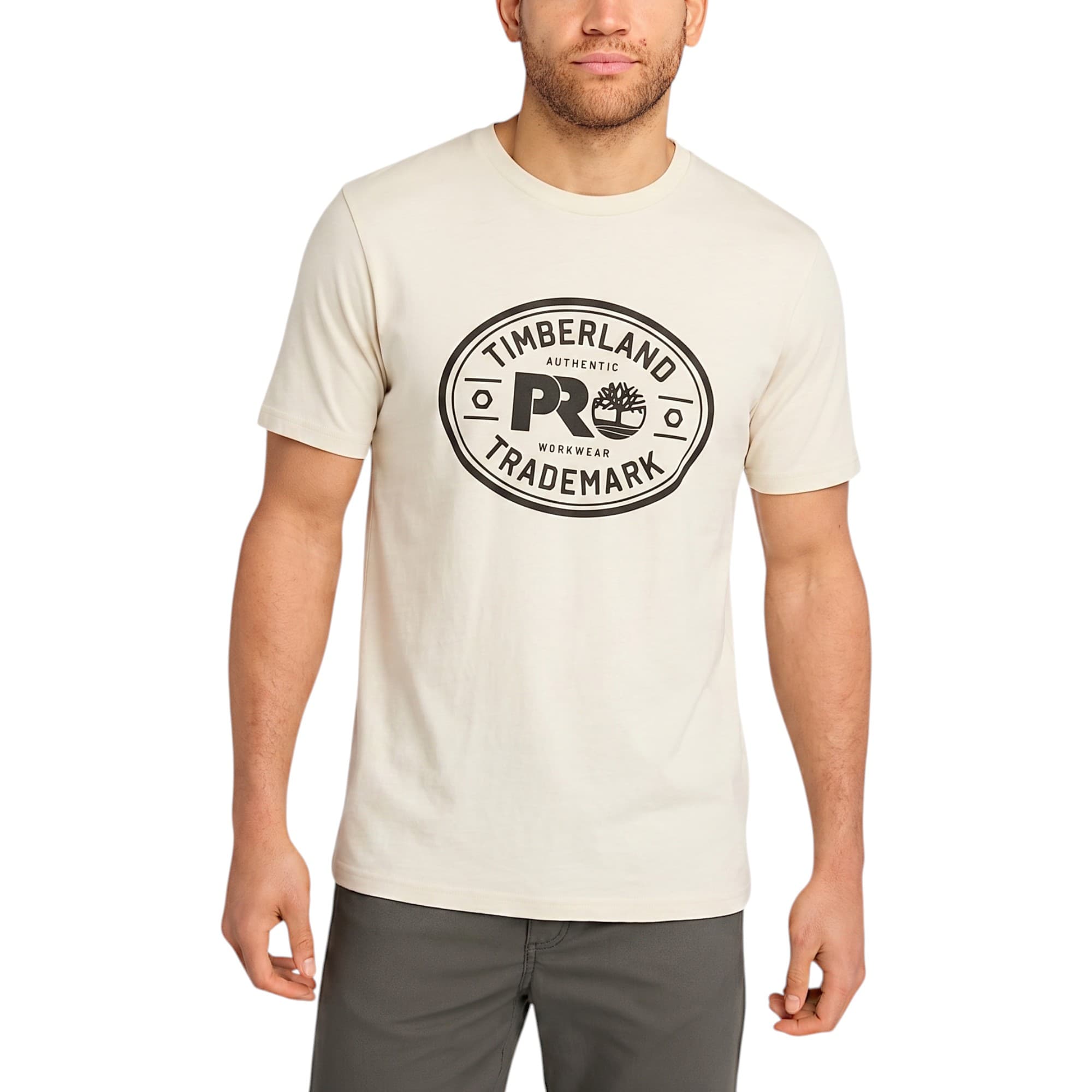 Timberland Pro Trademark men's off-white cotton t-shirt with chest logo, front view