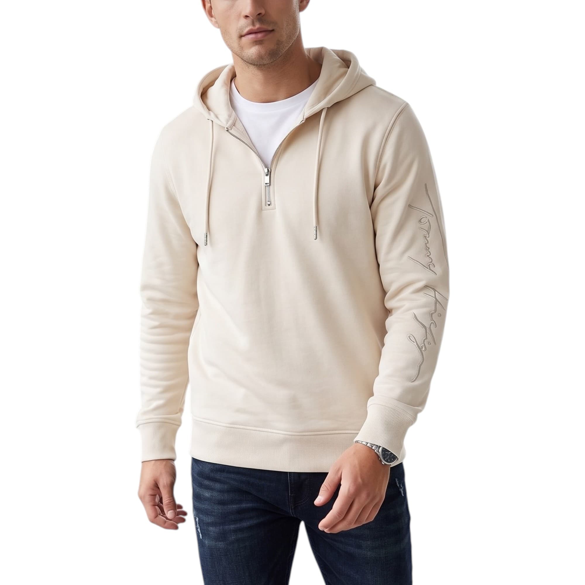 Tommy Hilfiger men's sand khaki half zip hoodie front view