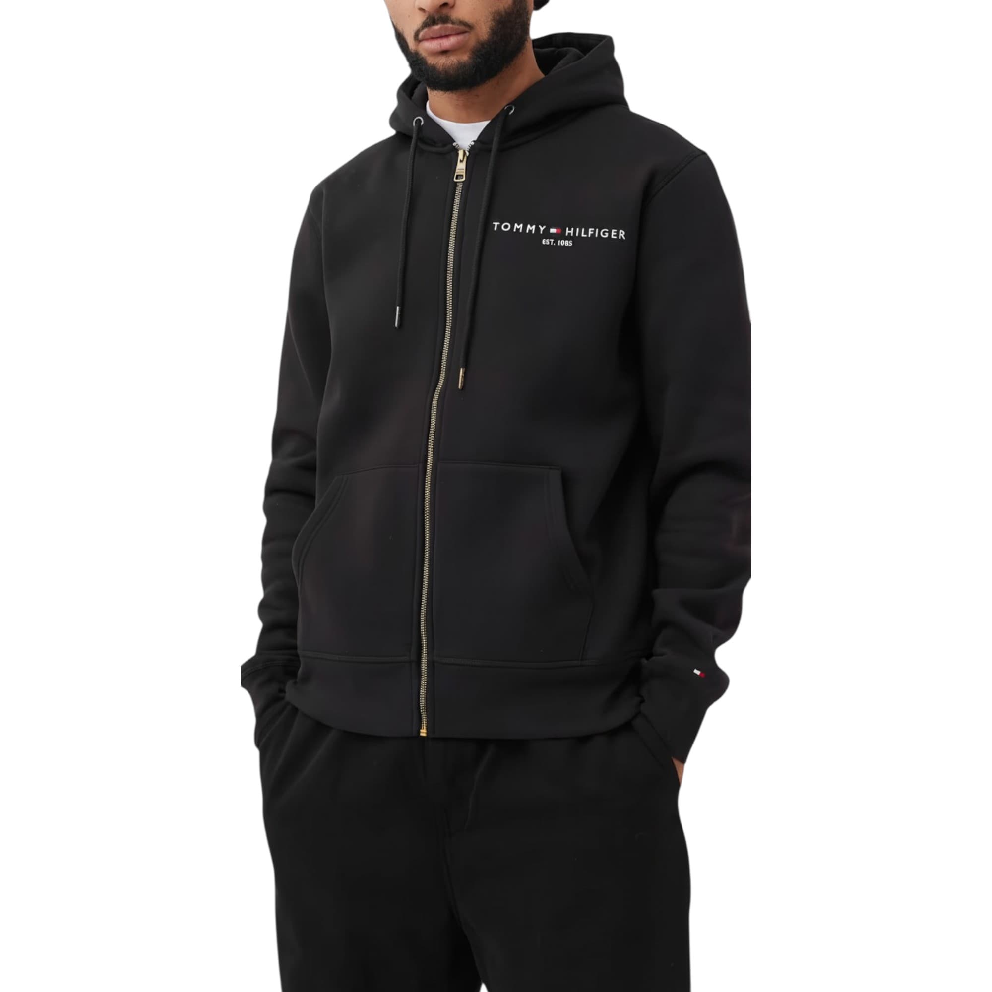 Tommy Hilfiger black men's hoodie front view with chest logo embroidery