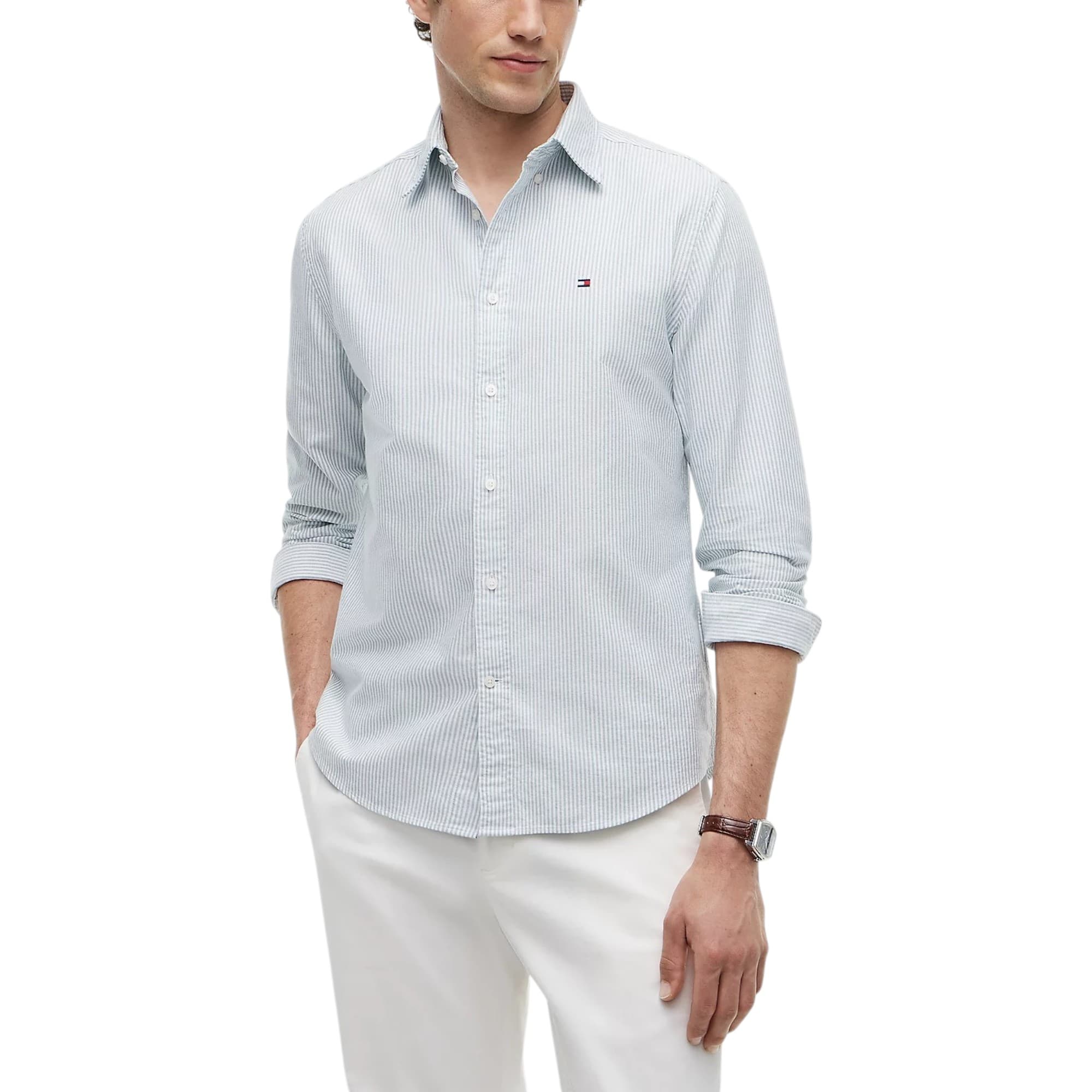 Tommy Hilfiger TH Flex Oxford Stripe Shirt in faint green, front view