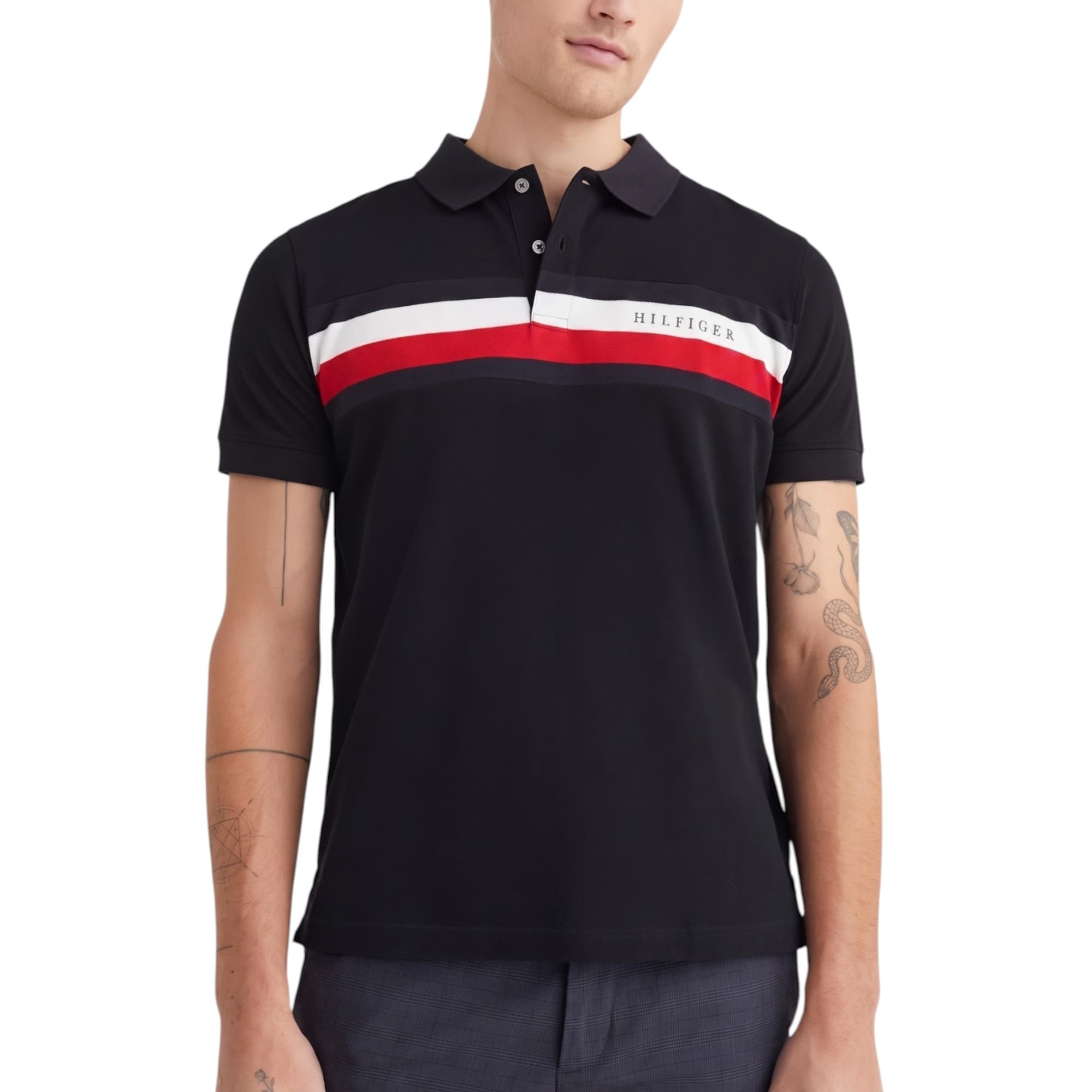 Tommy Hilfiger black mens polo shirt front view with two-button placket