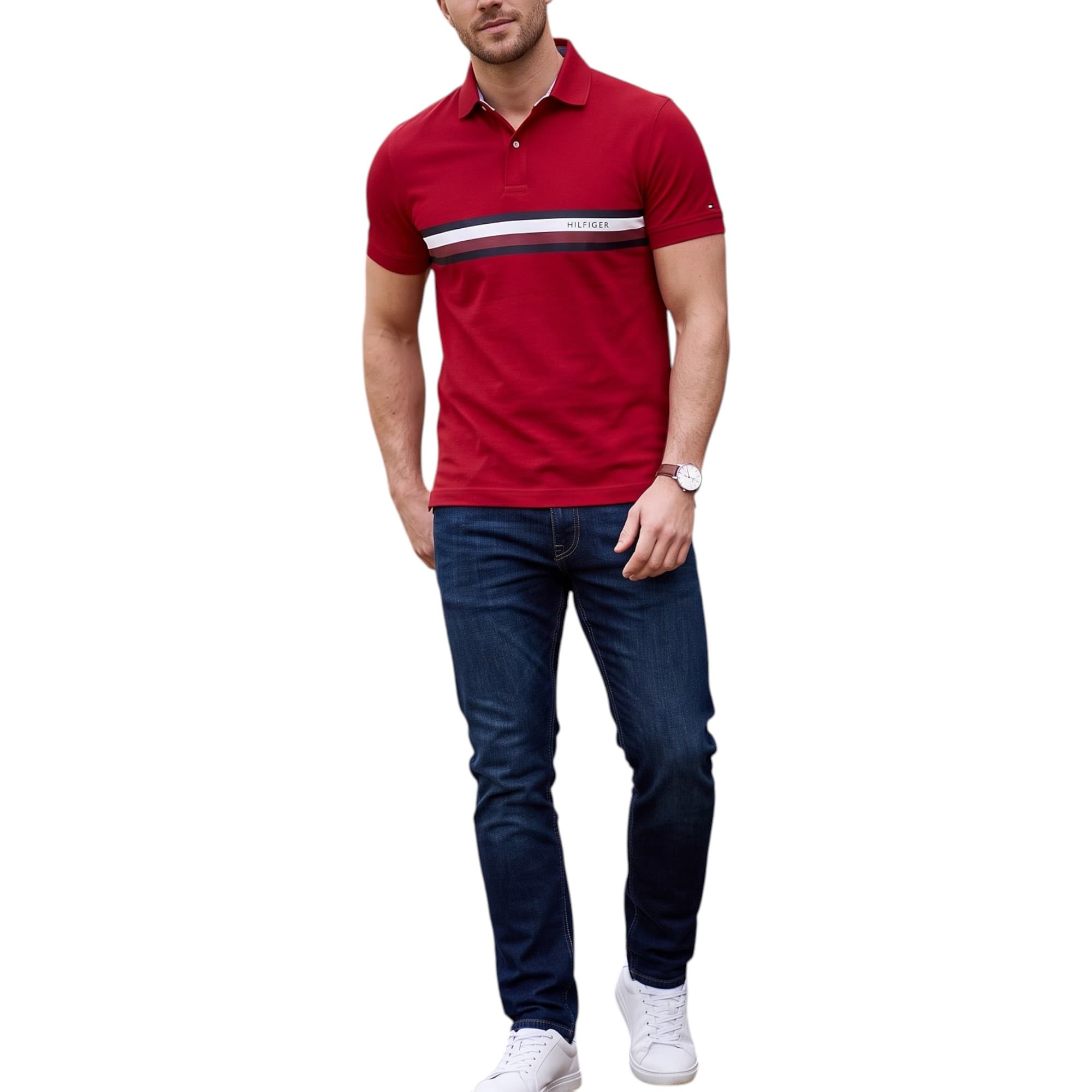Tommy Hilfiger mens red polo shirt front view with two-button placket and chest logo