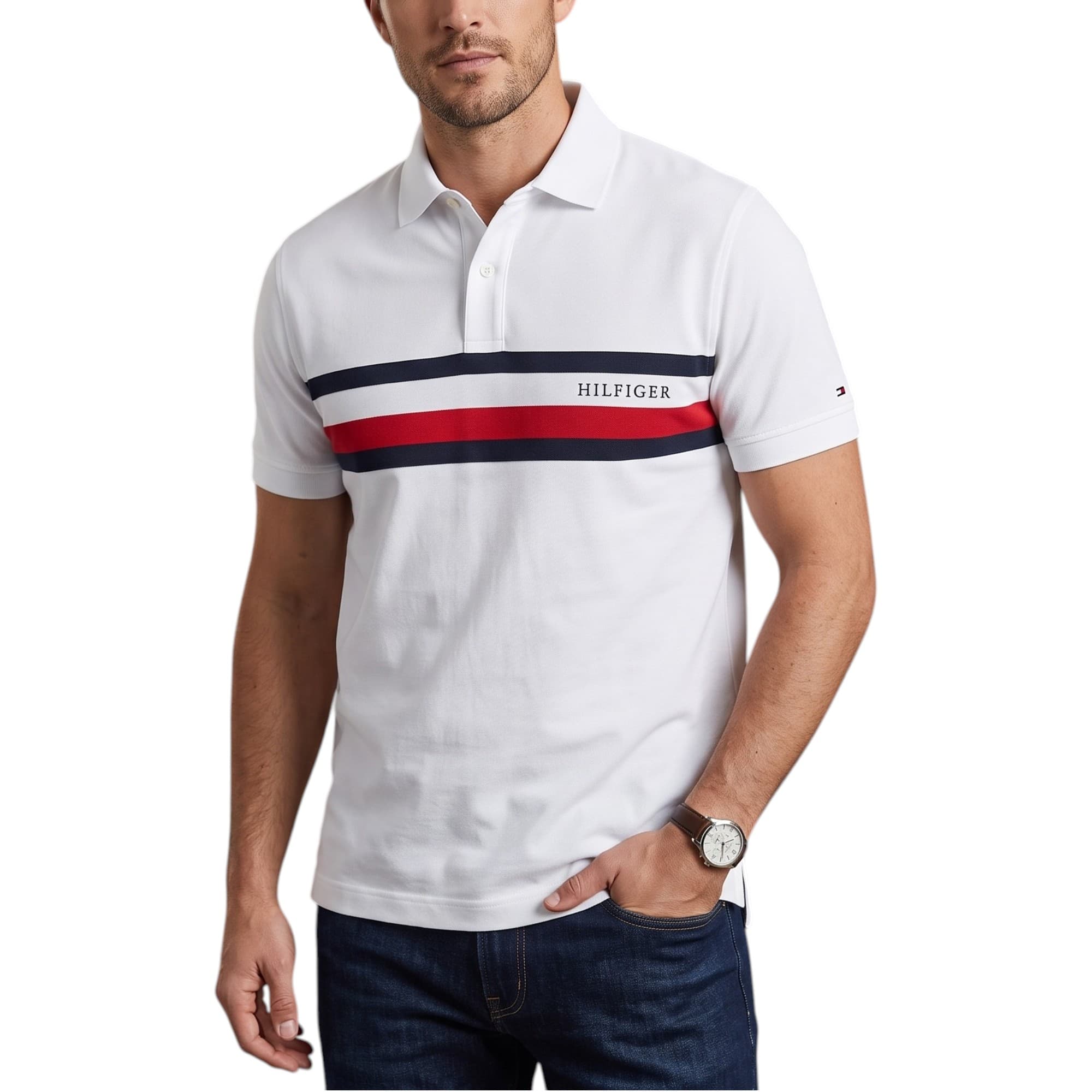 Tommy Hilfiger white men's polo shirt front view with logo chest print