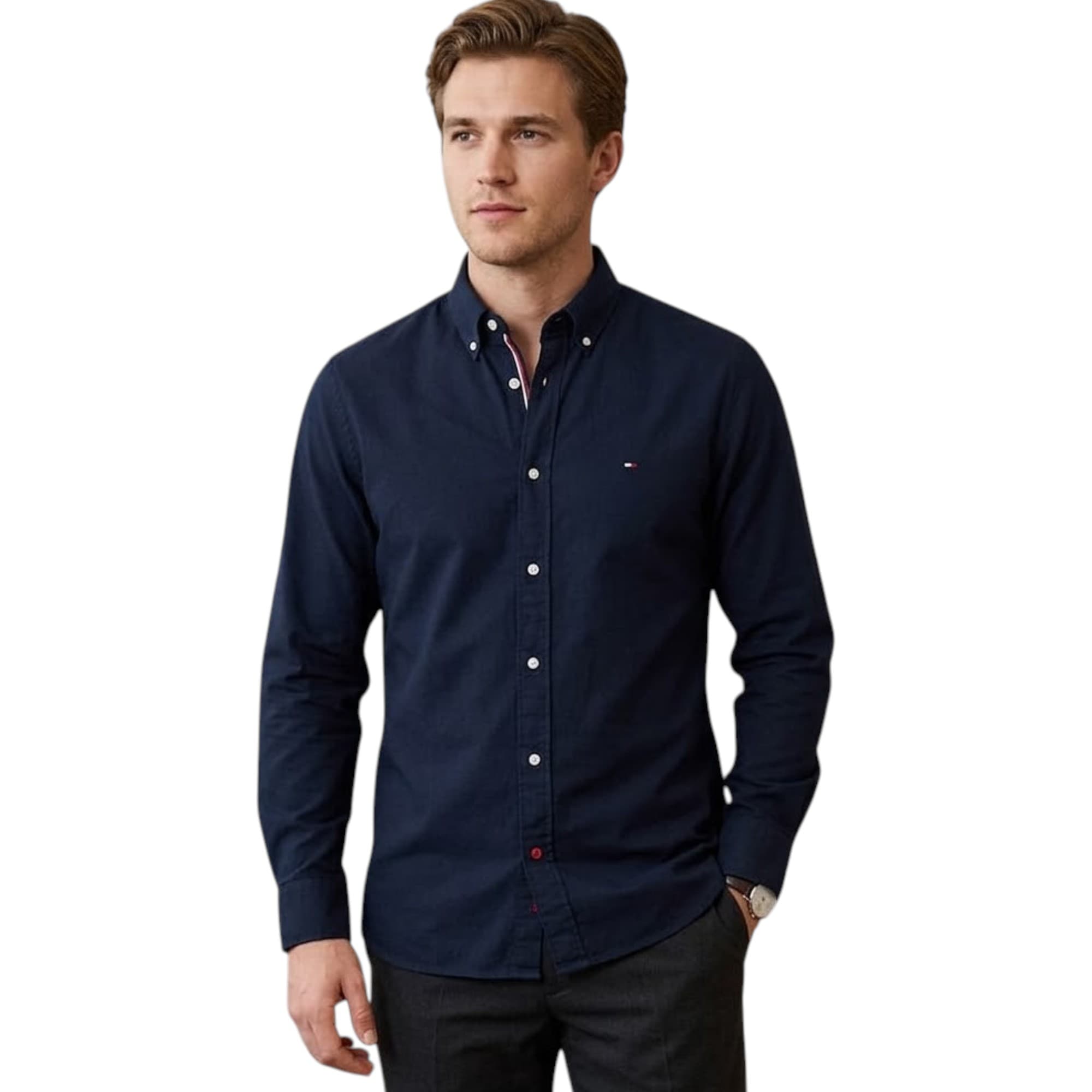 Tommy Hilfiger dark navy formal shirt front view with embroidered chest logo