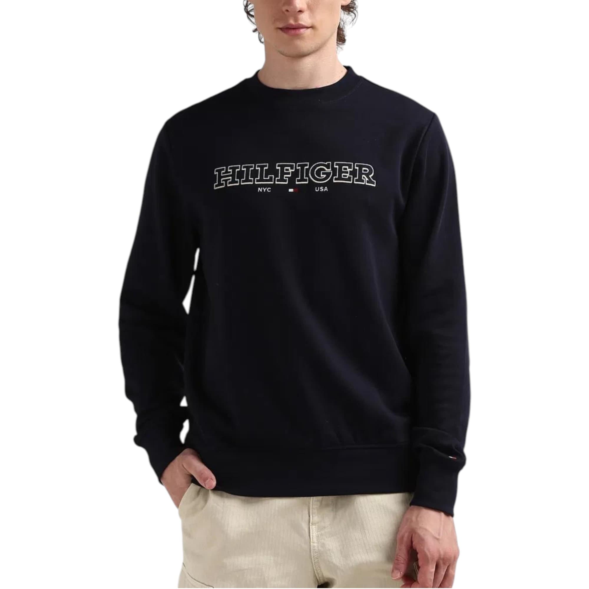 Tommy Hilfiger navy men's cotton sweatshirt front view with embroidered chest logo