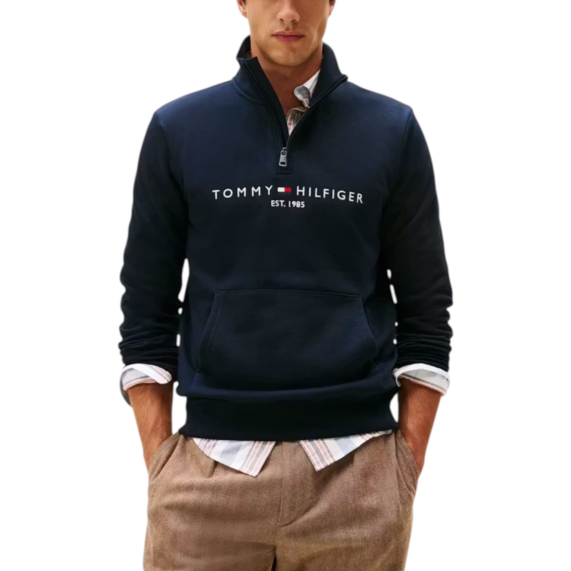Tommy Hilfiger navy men's sweatshirt with mock turtleneck front view