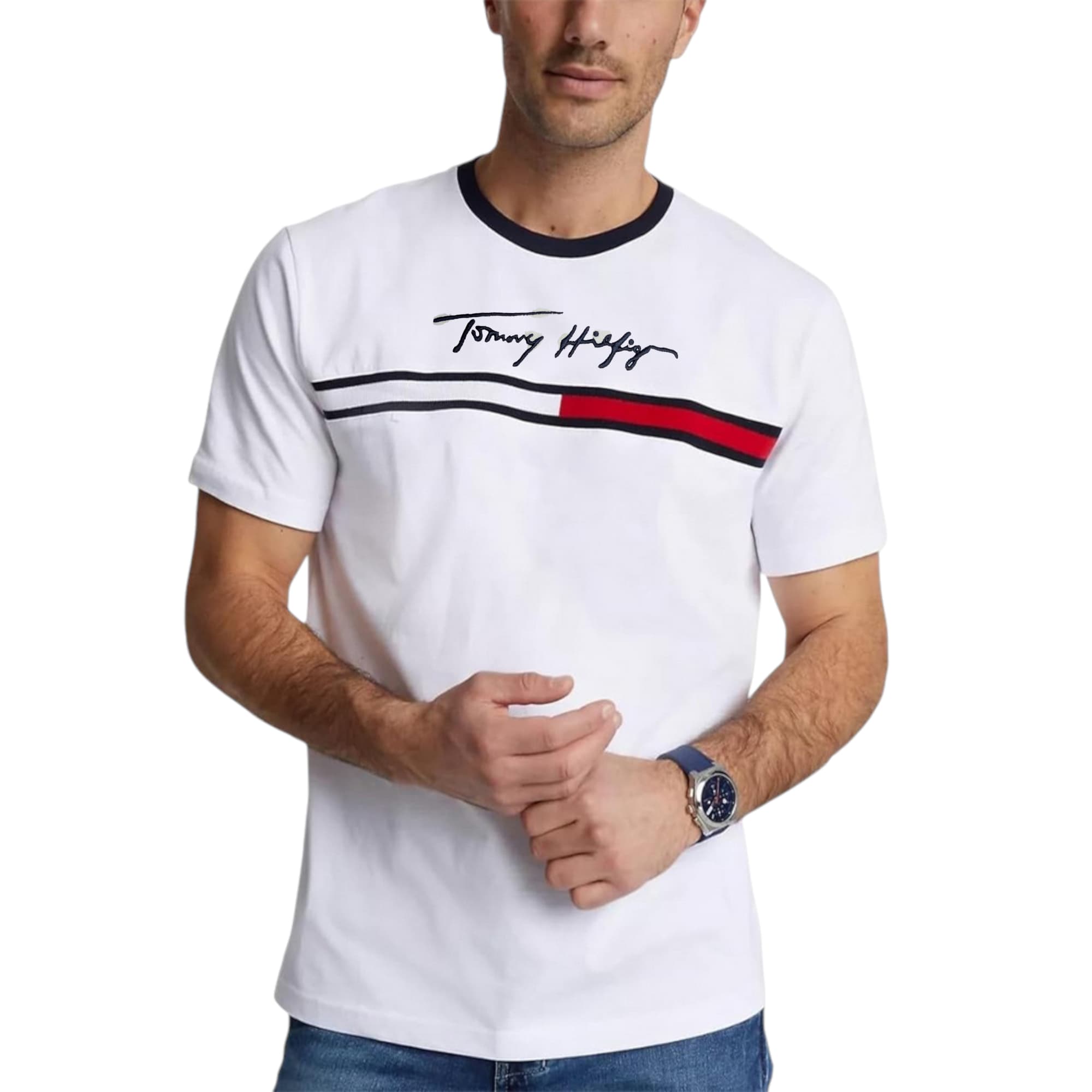 Tommy Hilfiger men's white t-shirt with signature flag logo on chest, front view