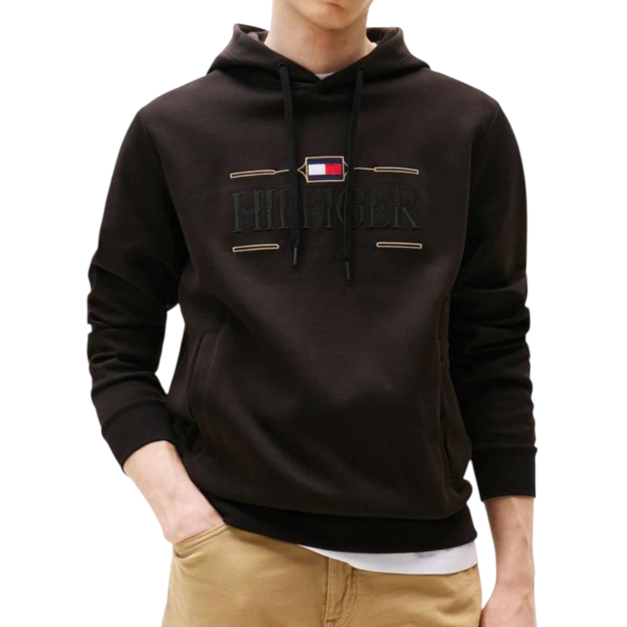 Tommy Hilfiger black cotton hoodie with tonal NYC logo embroidery on chest, front view