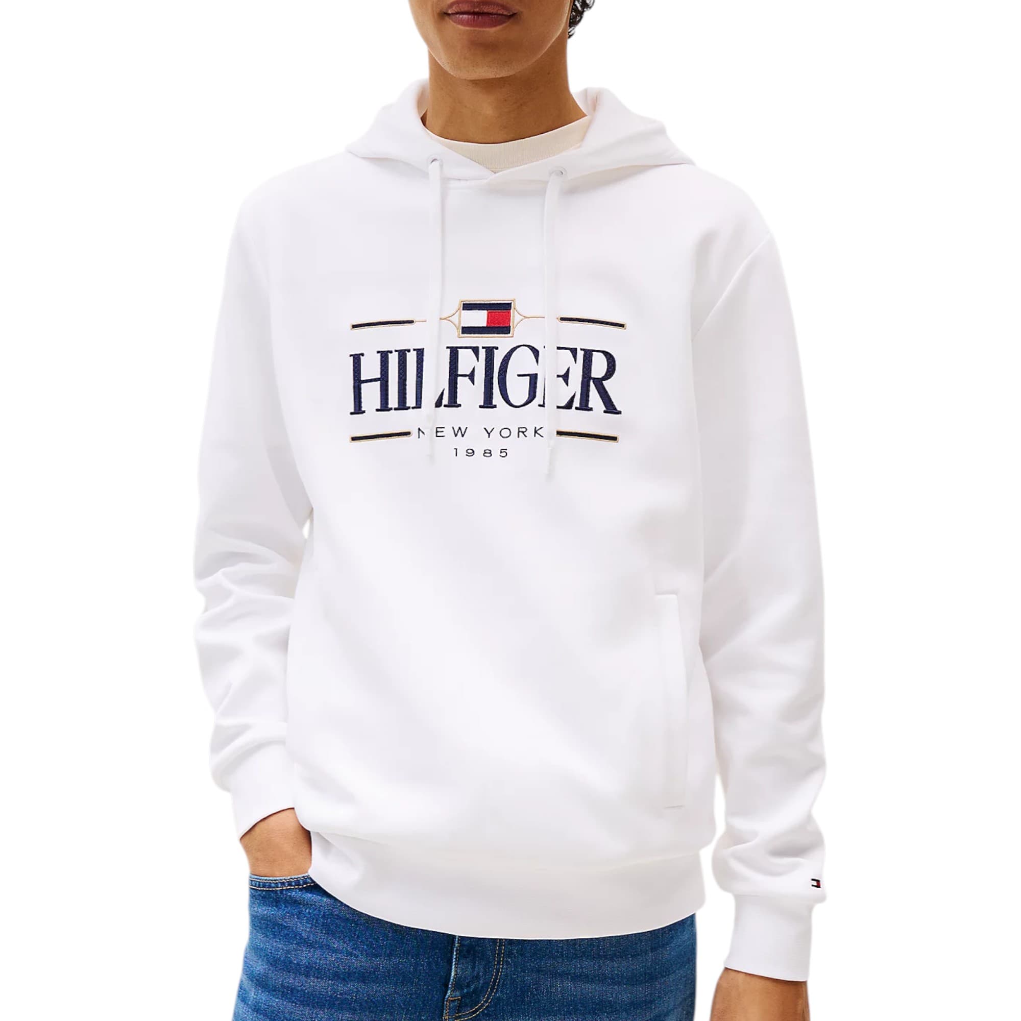 Tommy Hilfiger men's off-white cotton hoodie with tonal logo embroidery, front view
