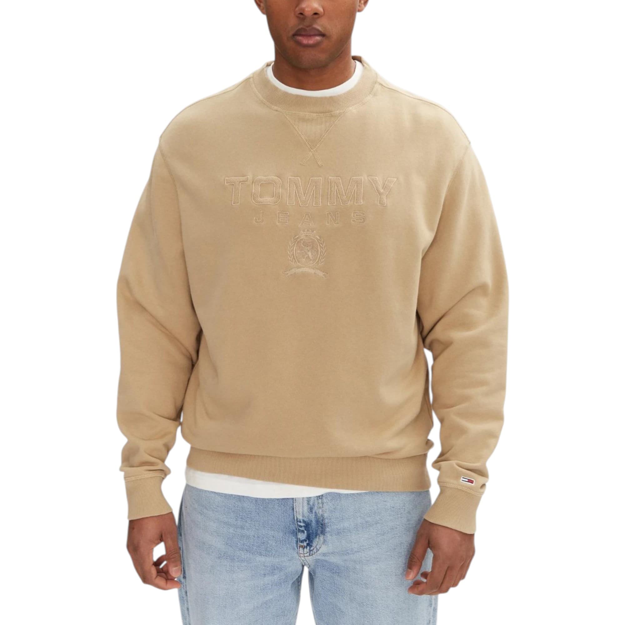 Tommy Hilfiger men's beige cotton sweatshirt front view with chest embroidery