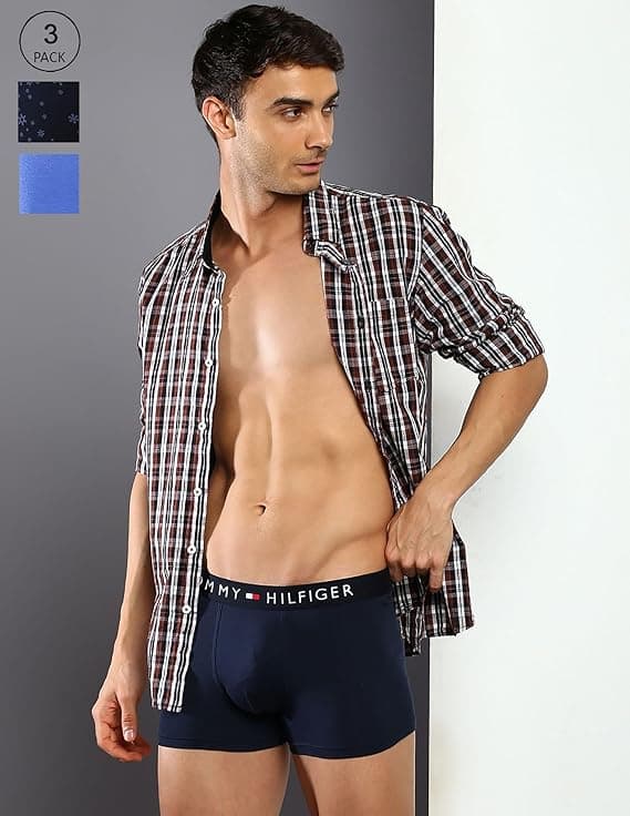 Tommy Hilfiger navy and snowflake mens trunks front view