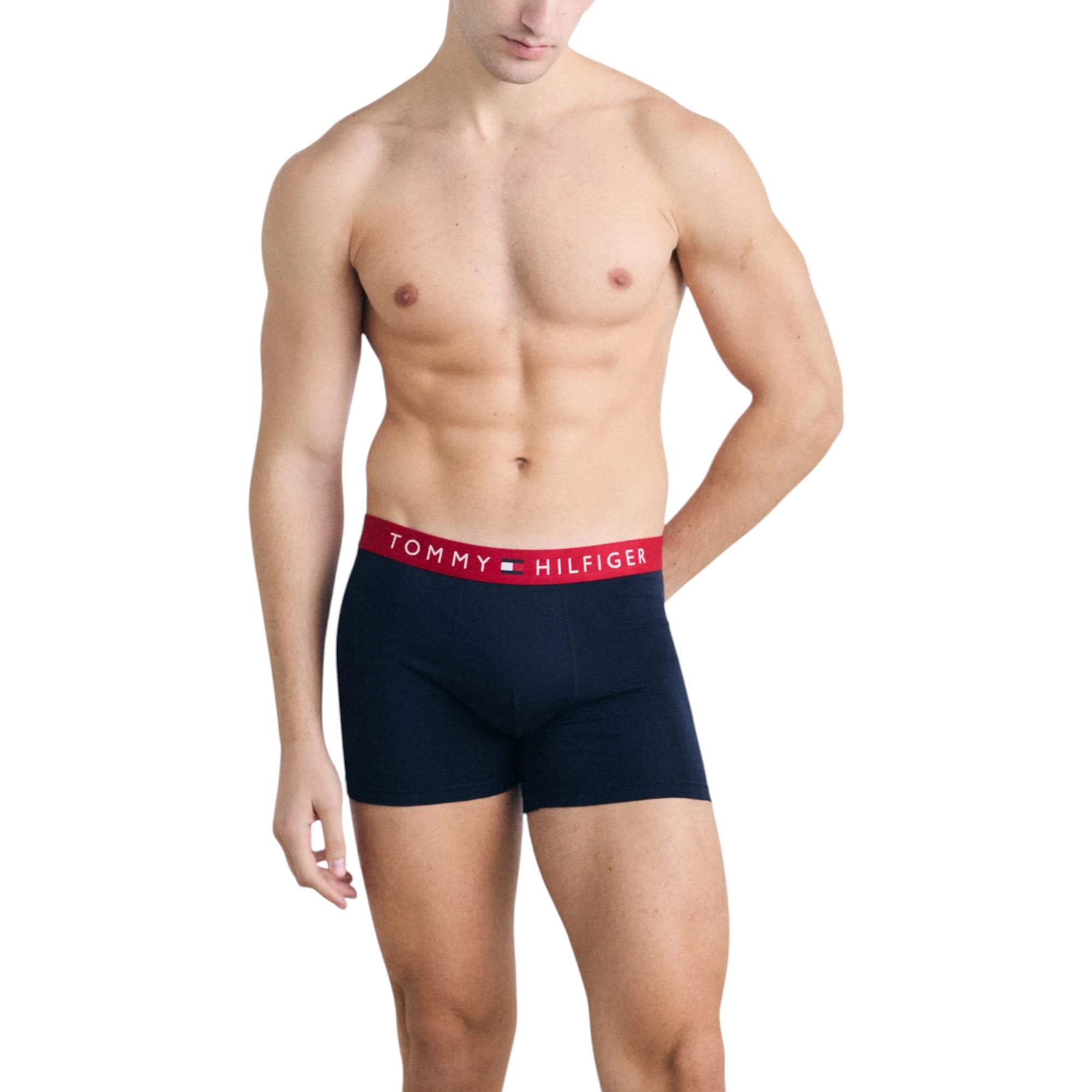 Tommy Hilfiger men's red wine trunks front view with logo waistband