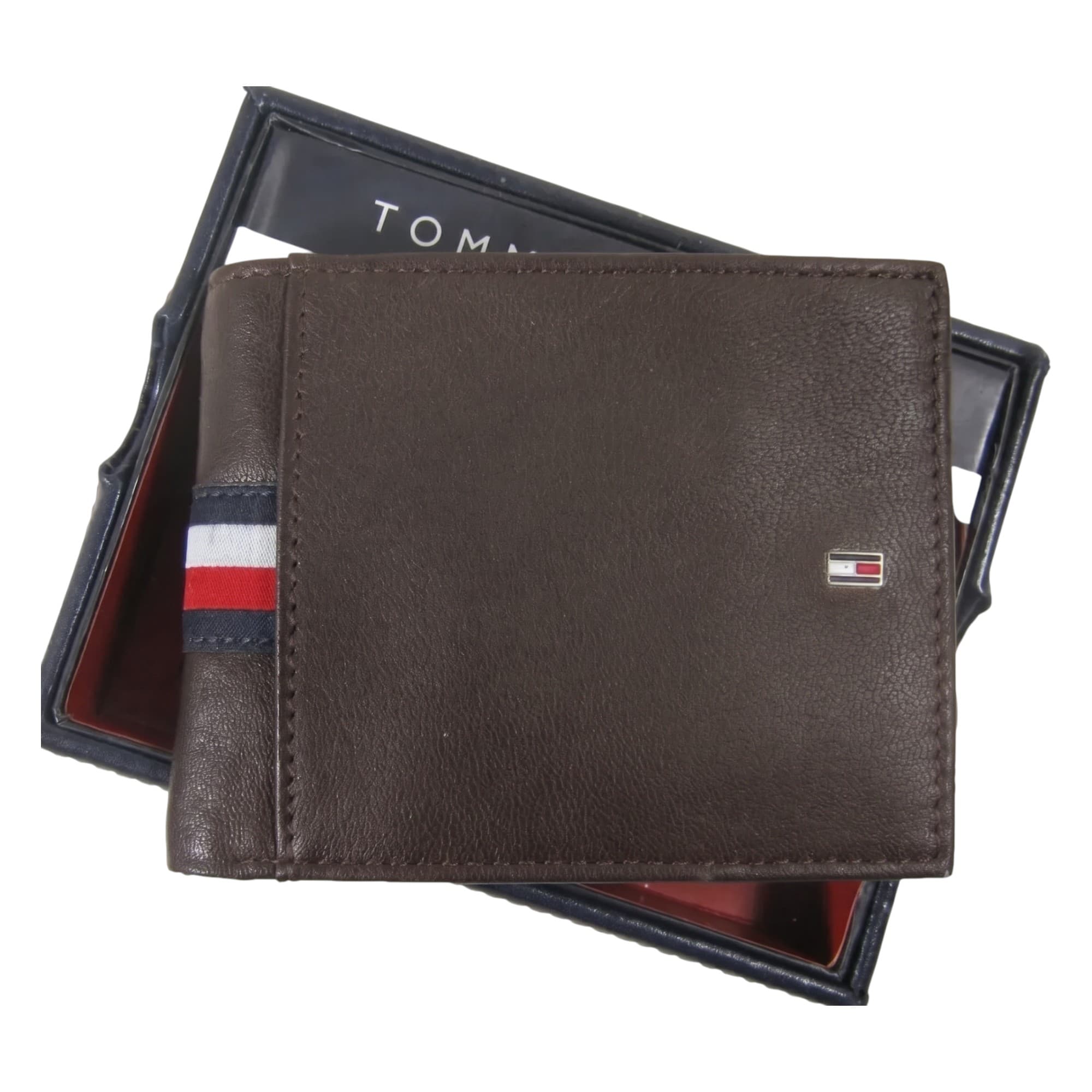 Tommy Hilfiger dark brown genuine leather bifold wallet front view