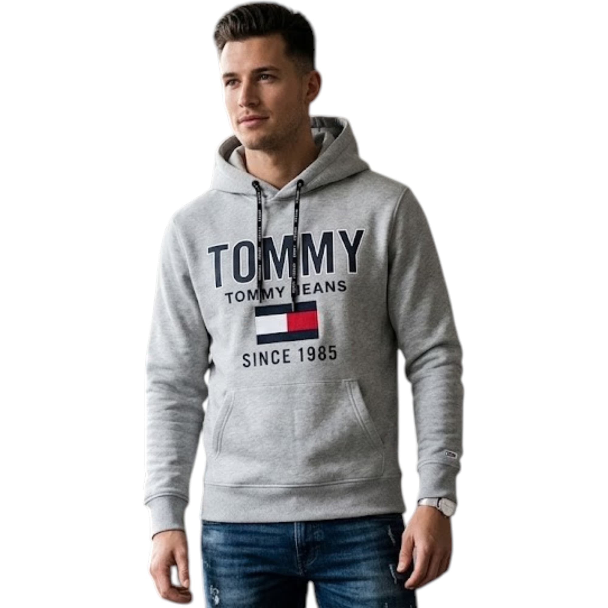 Tommy Jeans grey men's hoodie front view with ribbed cuffs