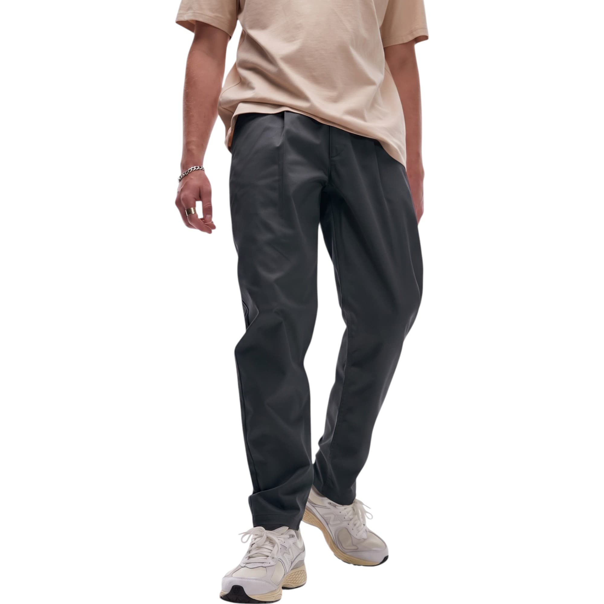 Topman mens black chino trousers, regular tapered fit, front view