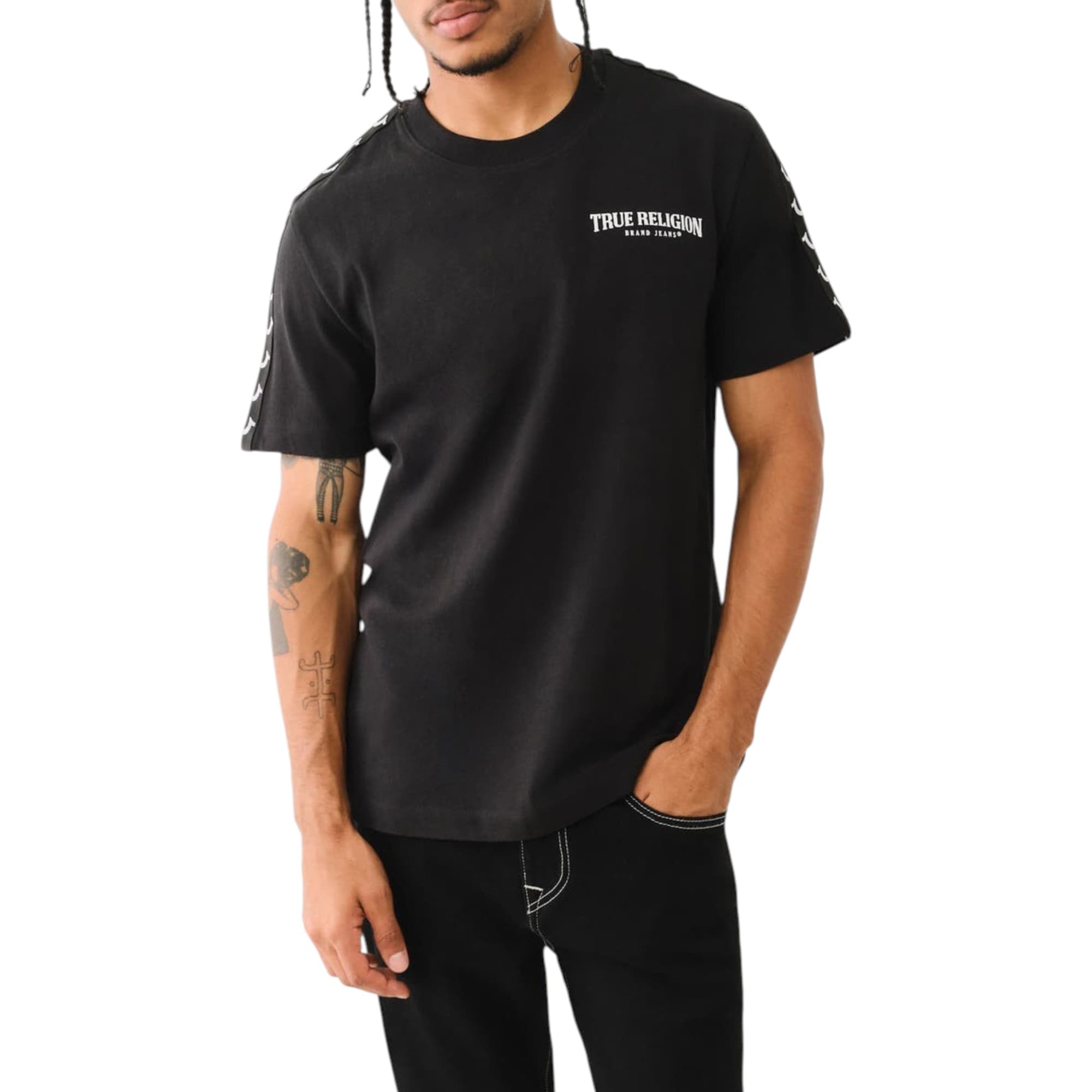 True Religion black men's t-shirt front view with chest graphic
