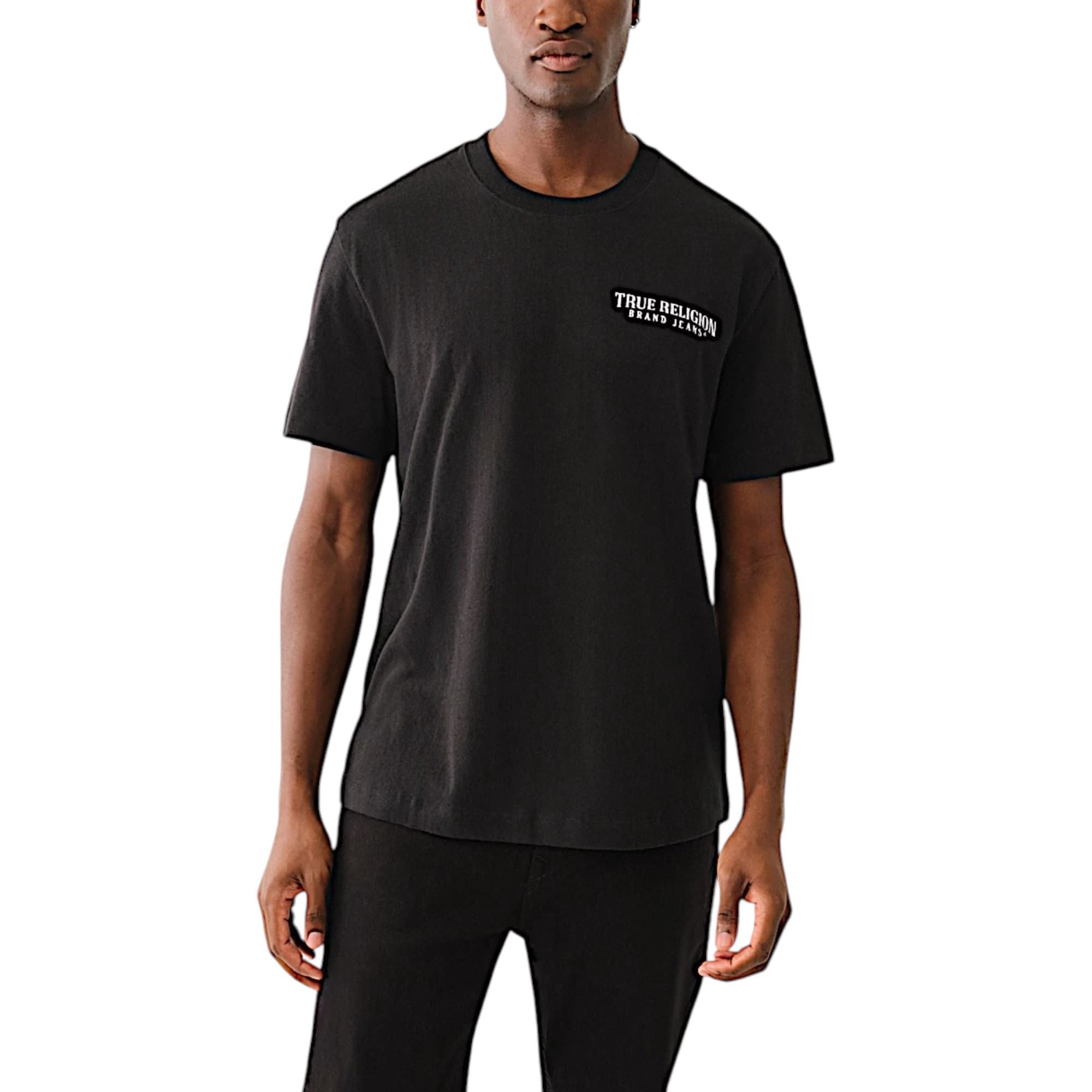 True Religion black mens t-shirt front view, crew neck, regular fit
