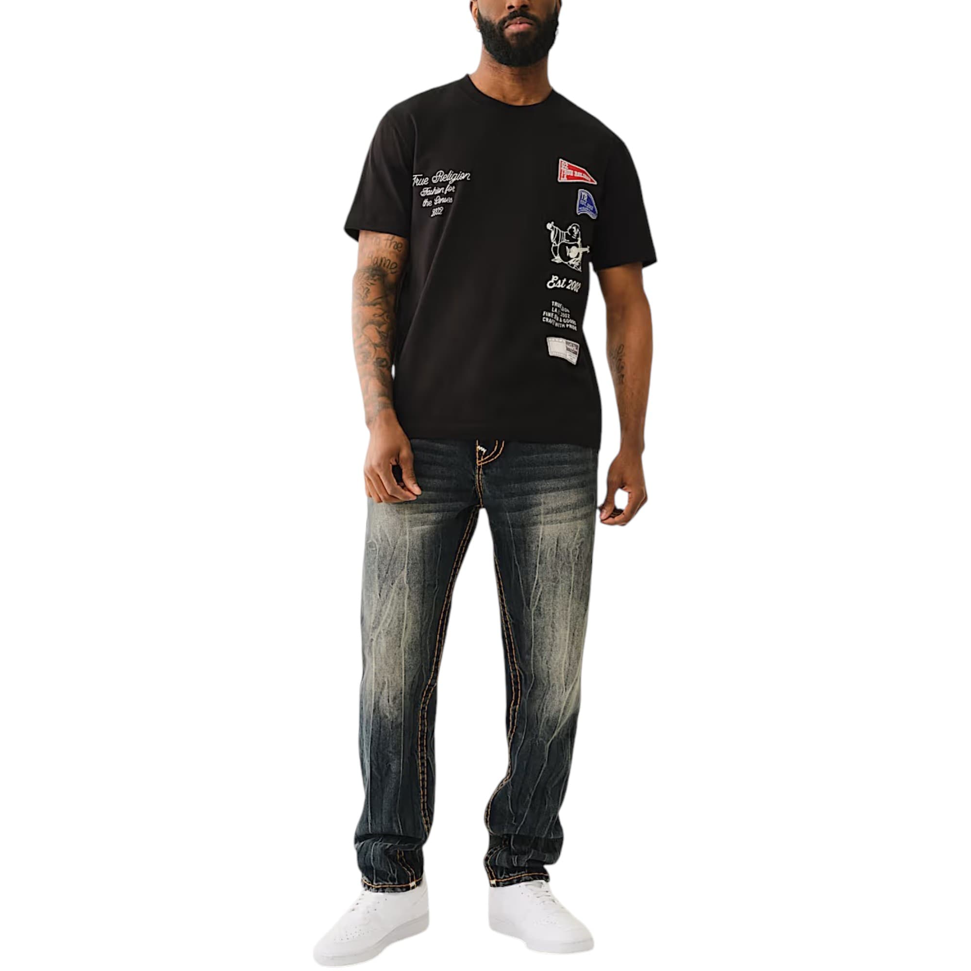 True Religion men's black cotton crew neck T-shirt with Collegiate World Tour design, front view