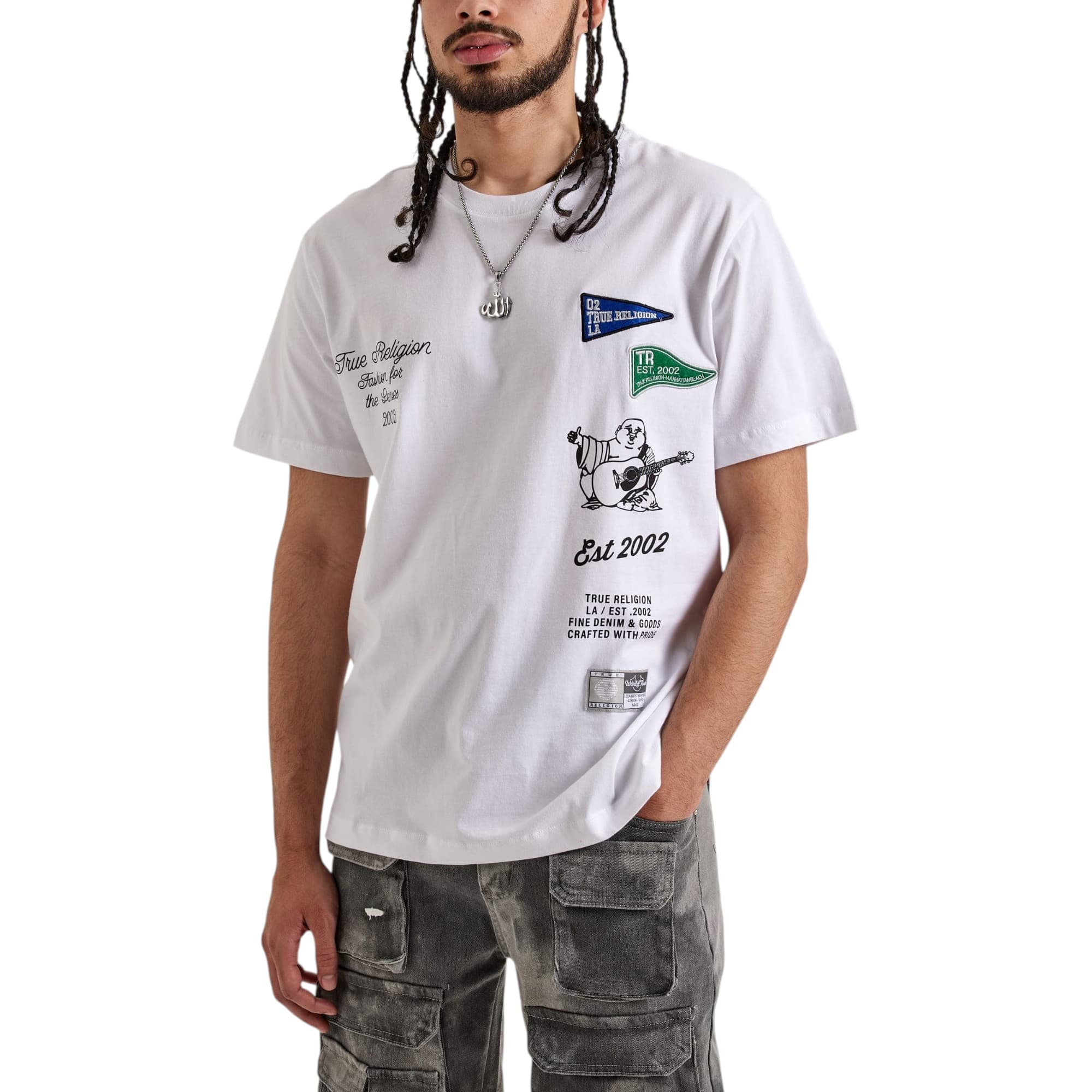 True Religion men's white crew neck T-shirt with Collegiate World Tour design, front view