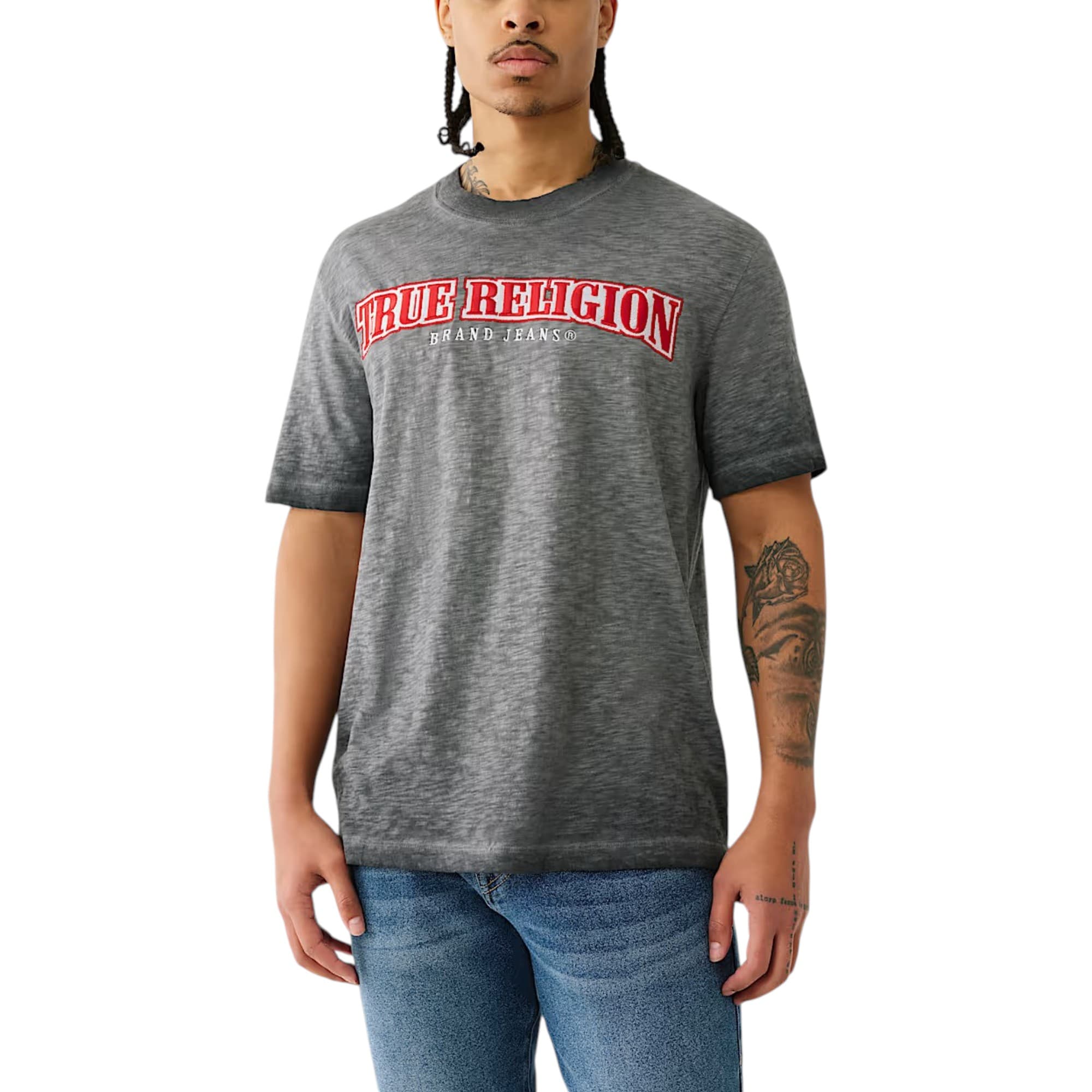 True Religion grey men's cotton crew neck T-shirt with embroidered brand logo front view