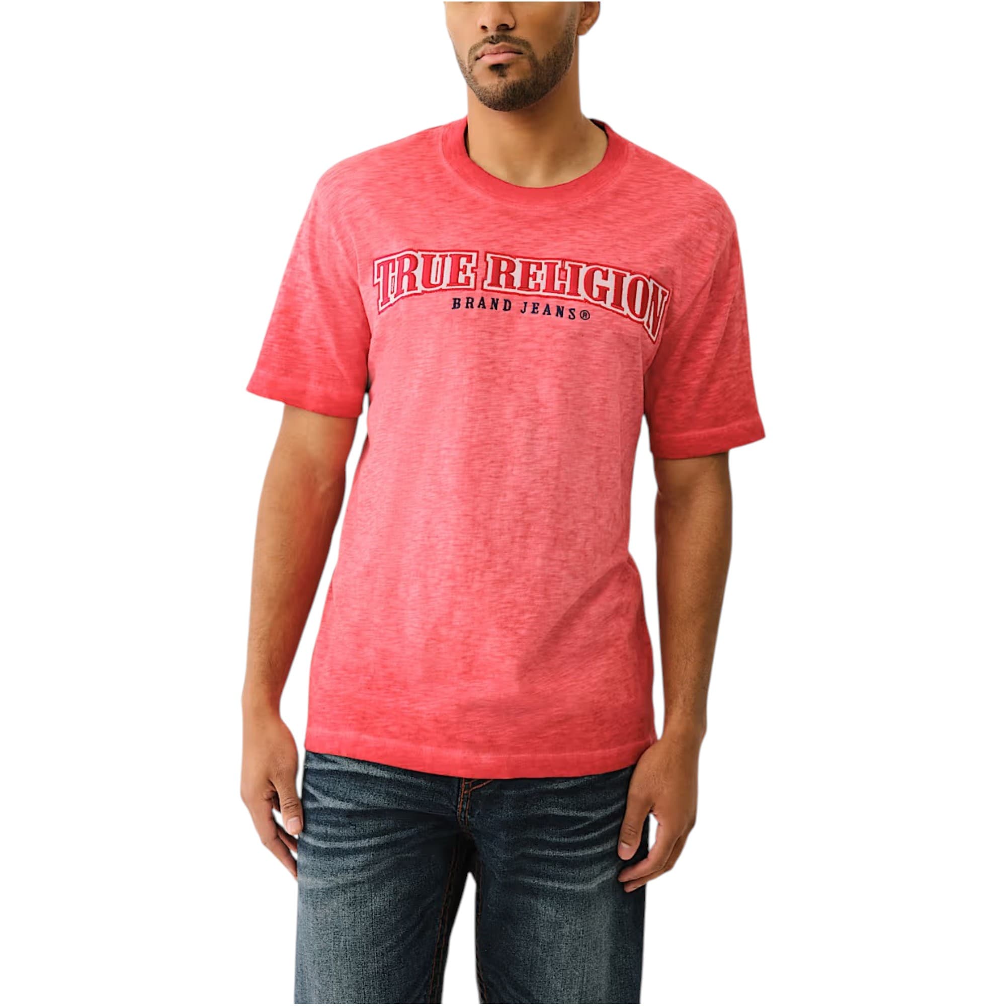 True Religion red cotton crew neck T-shirt front view with embroidered logo