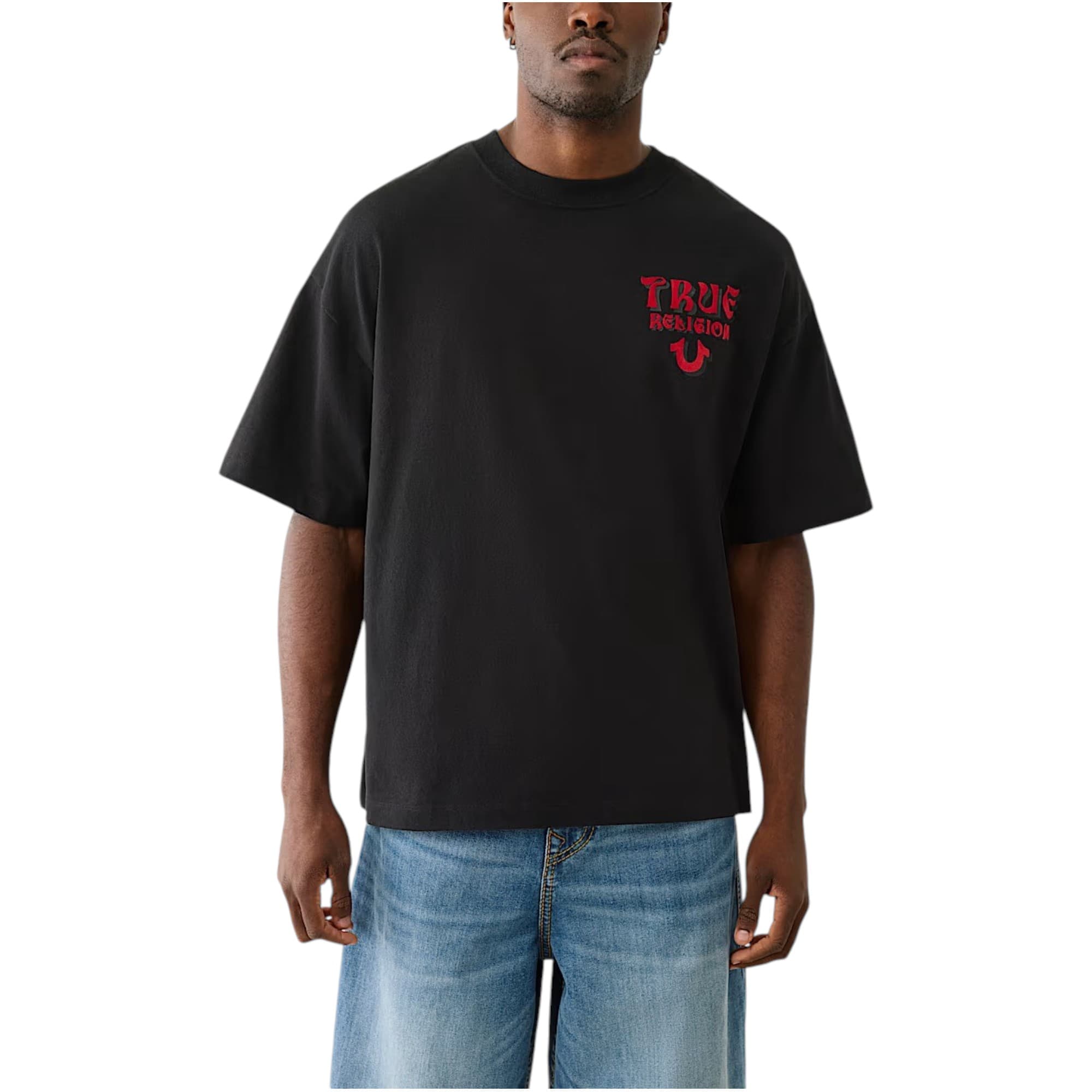 True Religion black cotton men's t-shirt with flocked horseshoe logo, front view