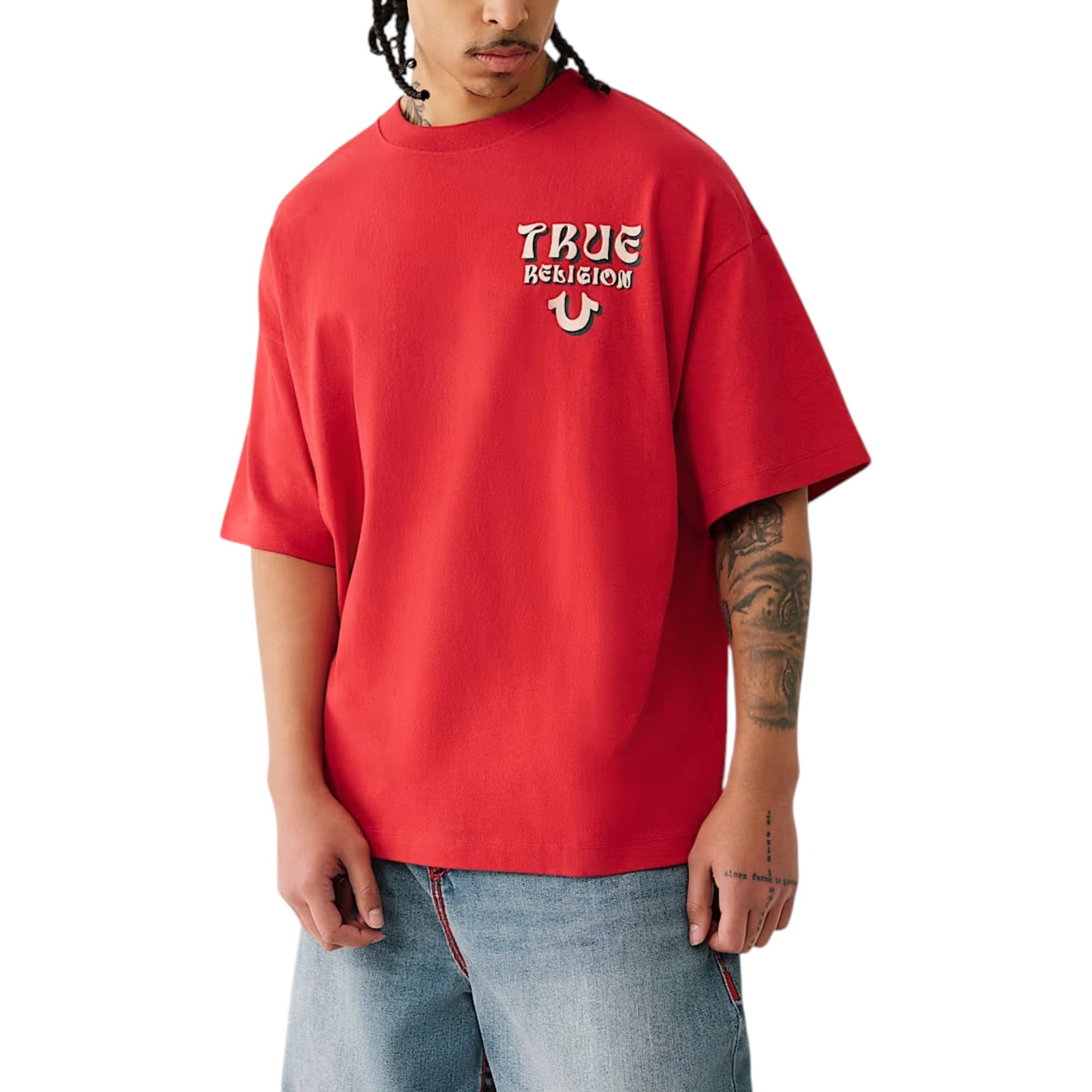 True Religion red cotton men's t-shirt with flocked horseshoe logo, front view