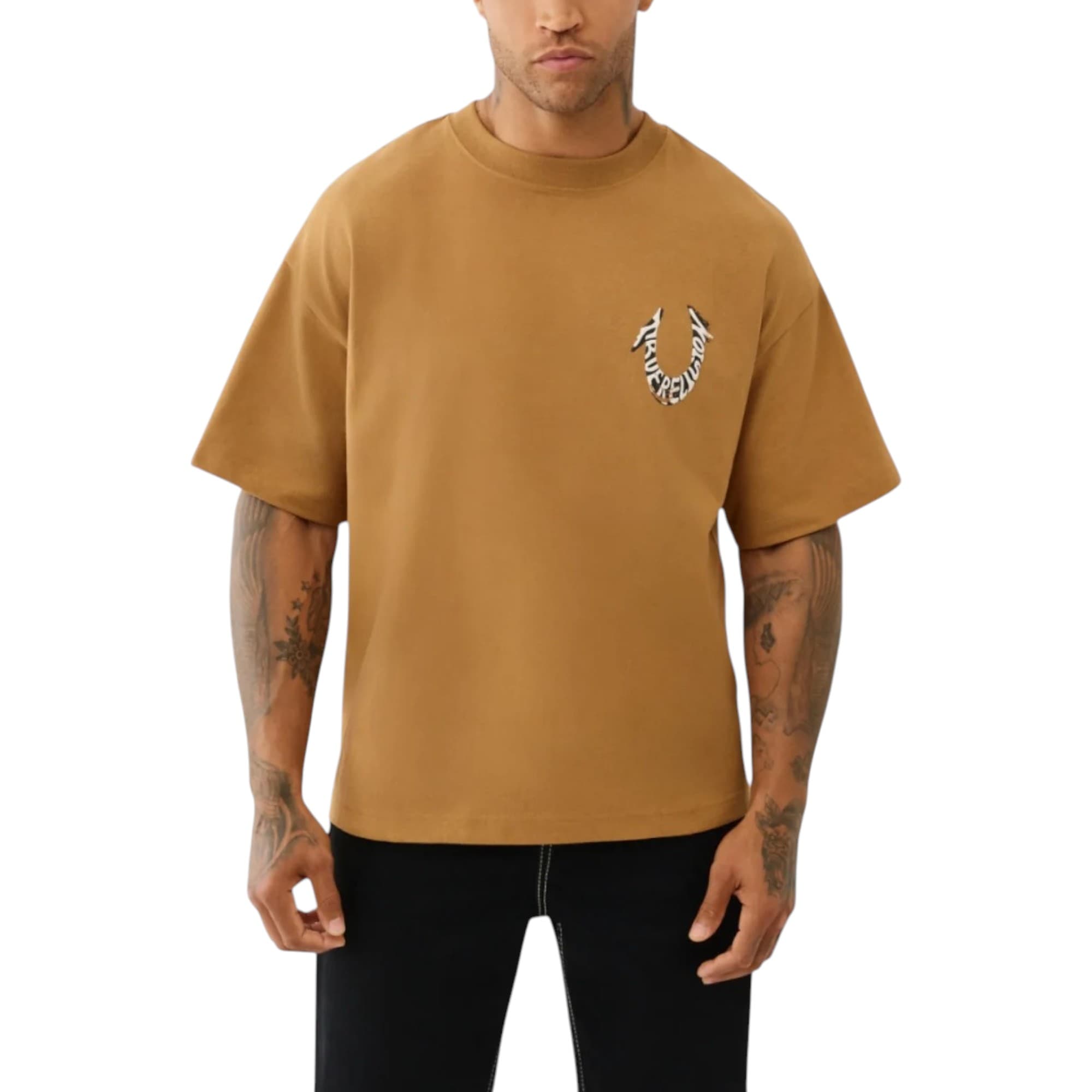 True Religion men's brown cotton t-shirt with horseshoe chest logo, front view