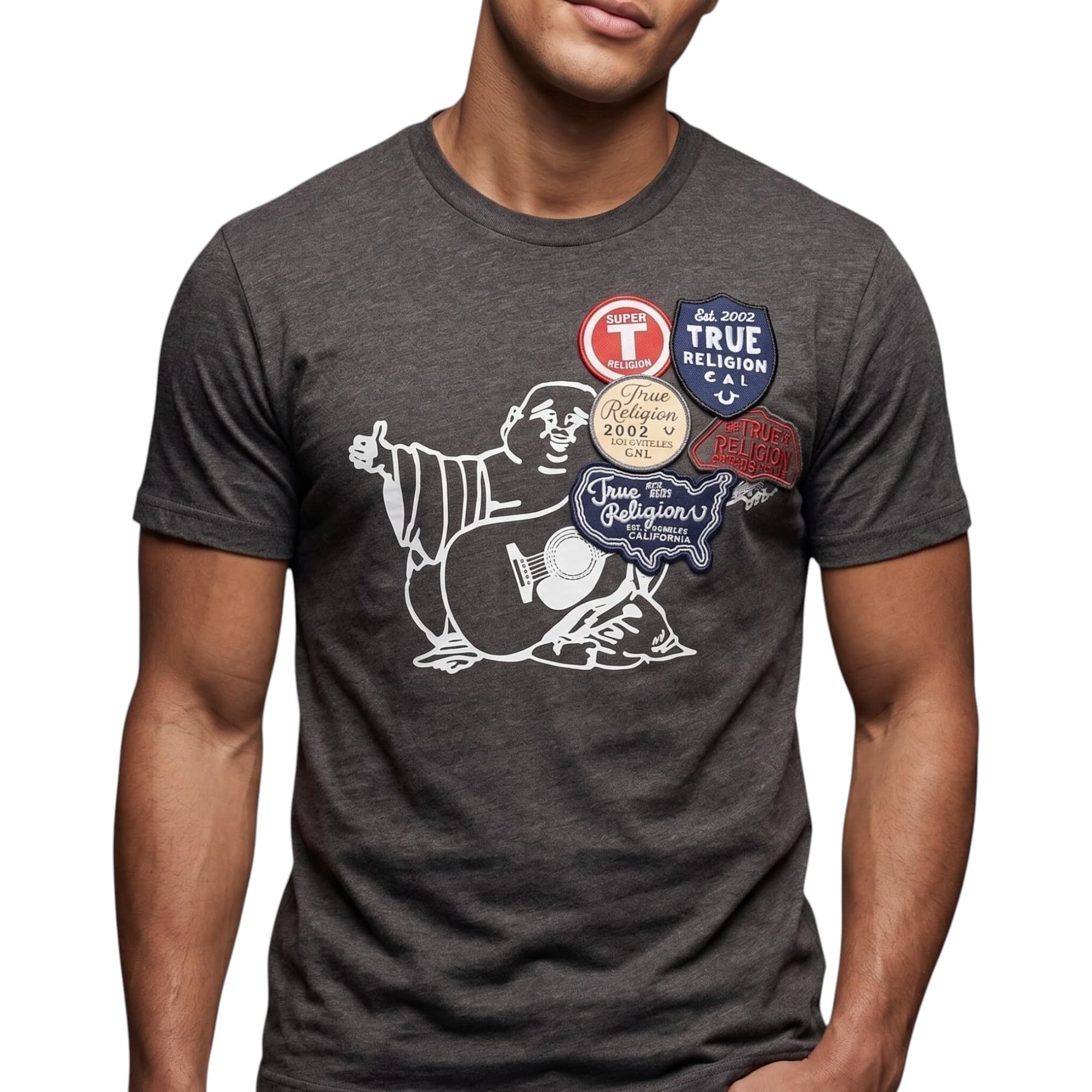 True Religion men's charcoal cotton T-shirt with World Tour graphic, front view