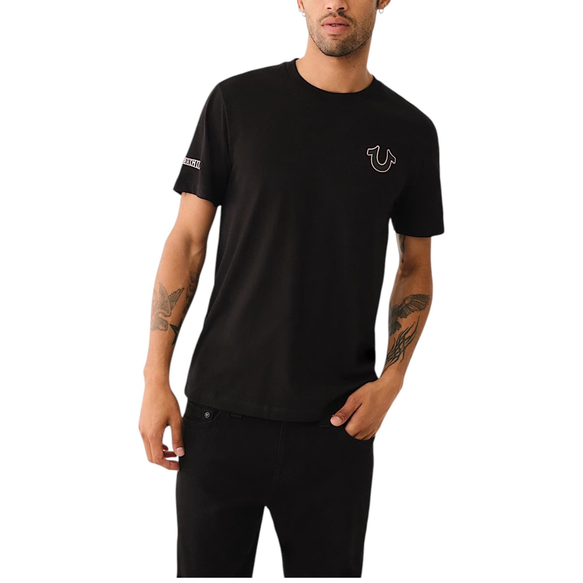 True Religion men's black crew neck t-shirt with Big Buddha arch logo front view