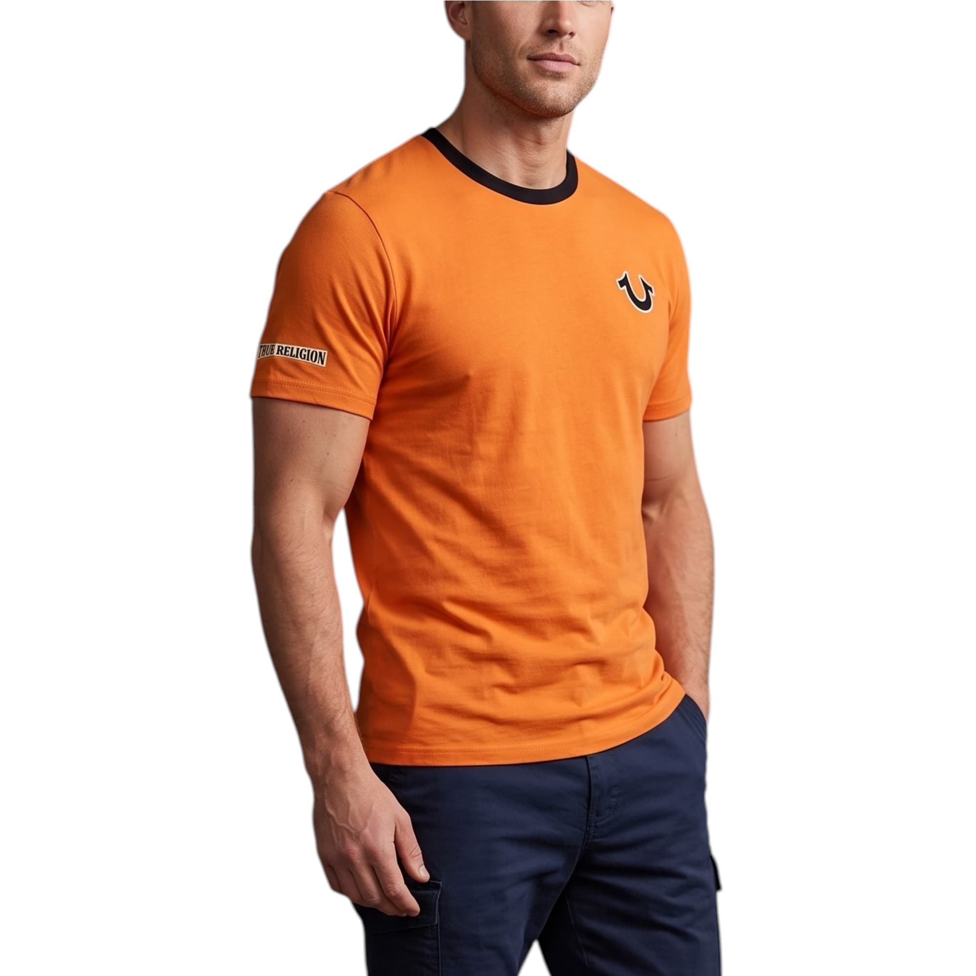 True Religion men's orange cotton T-shirt with crew neck, front view
