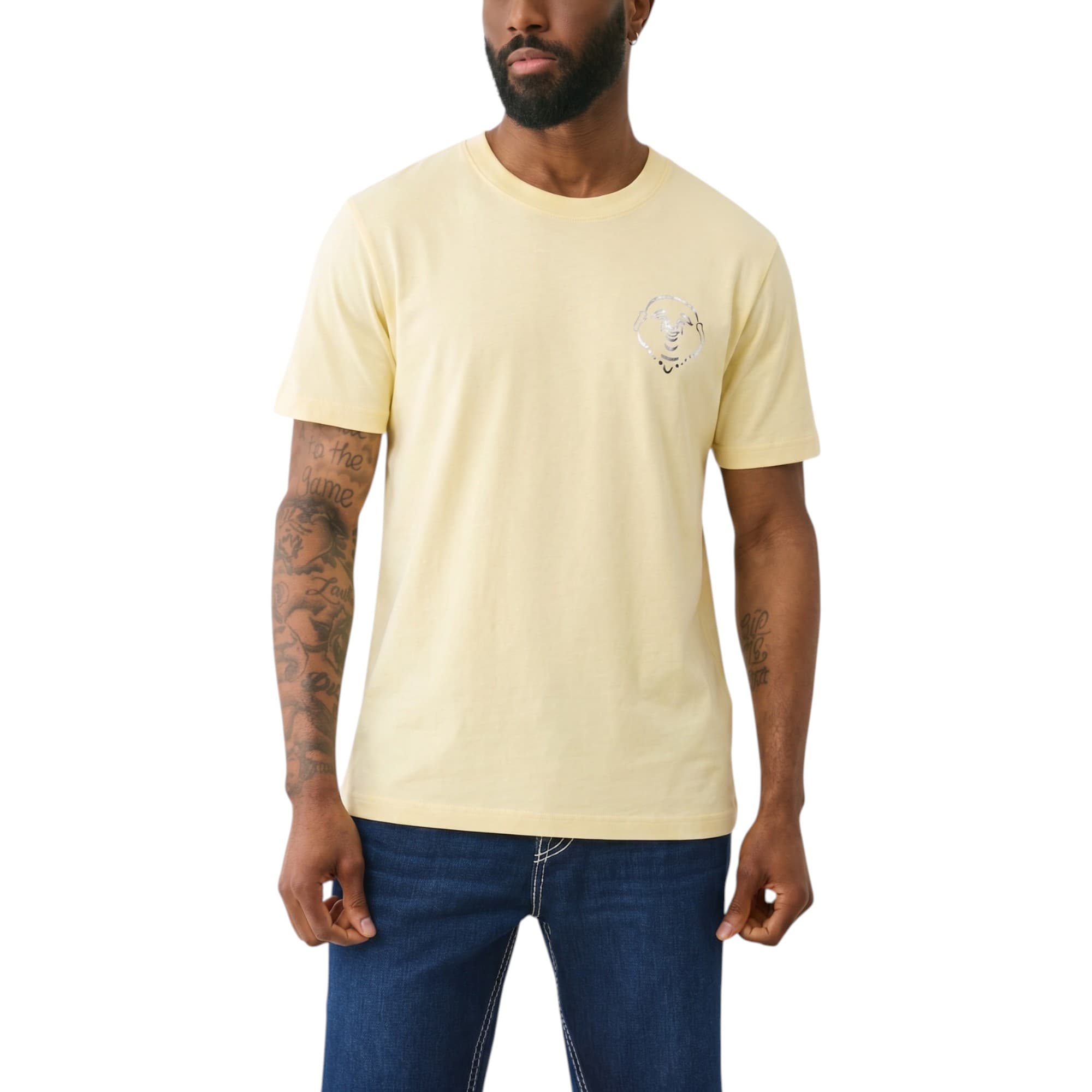 True Religion light yellow mens cotton t-shirt, front view with crew neck