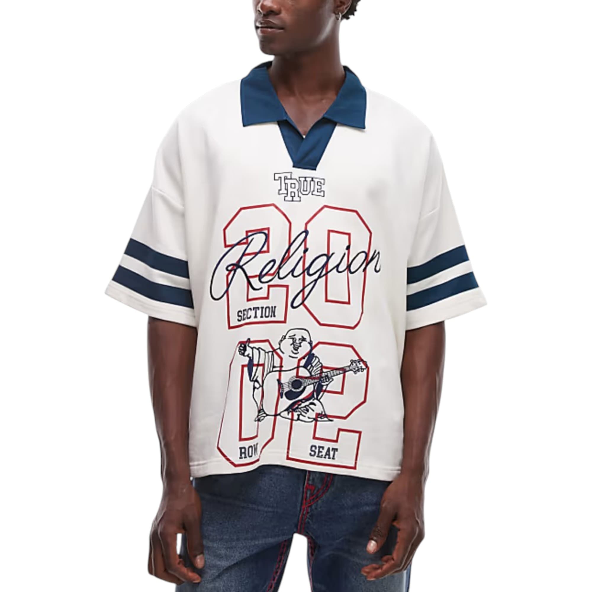 True Religion men's white oversized polo shirt front view with embroidered logo