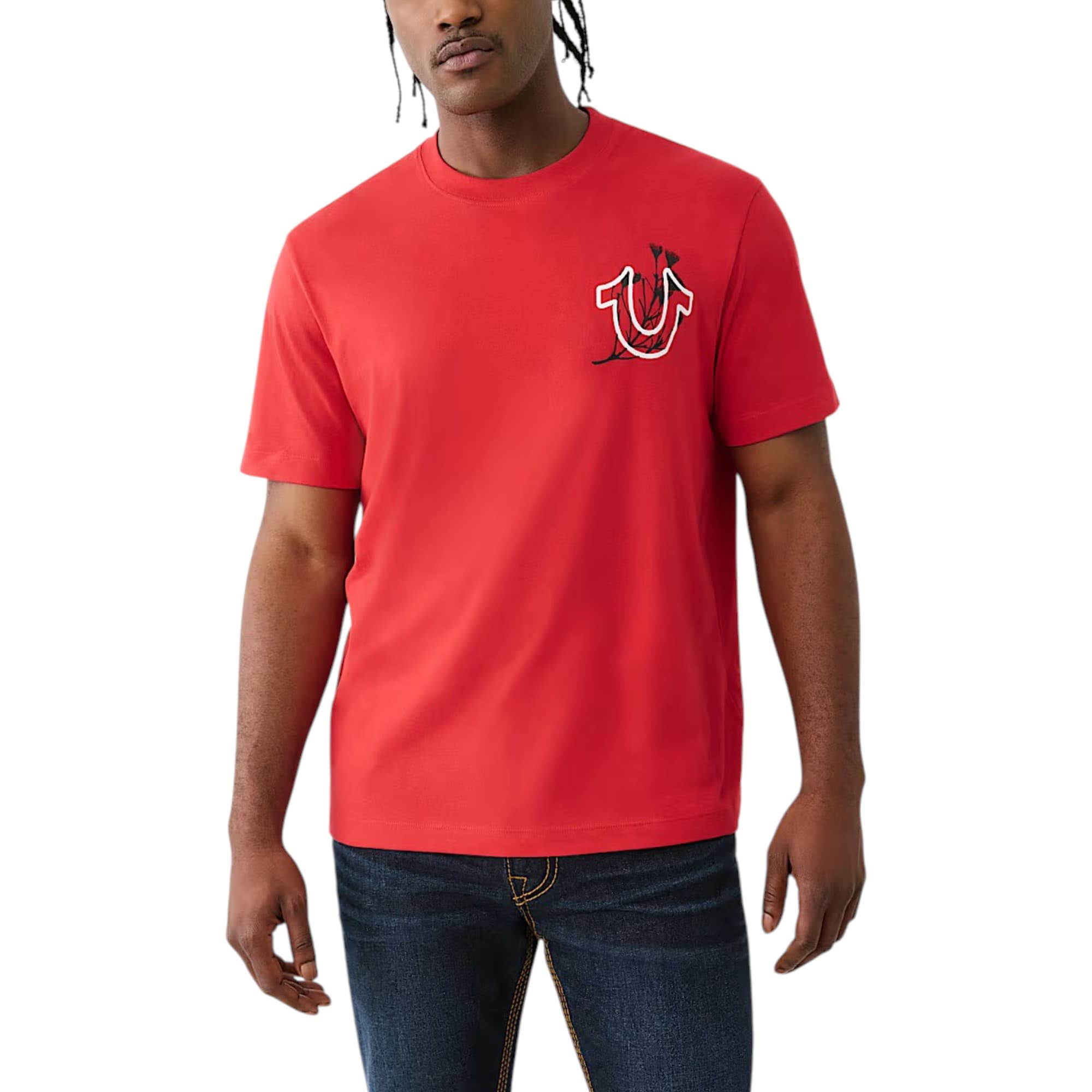 True Religion red mens crew neck t-shirt with nature graphic front view