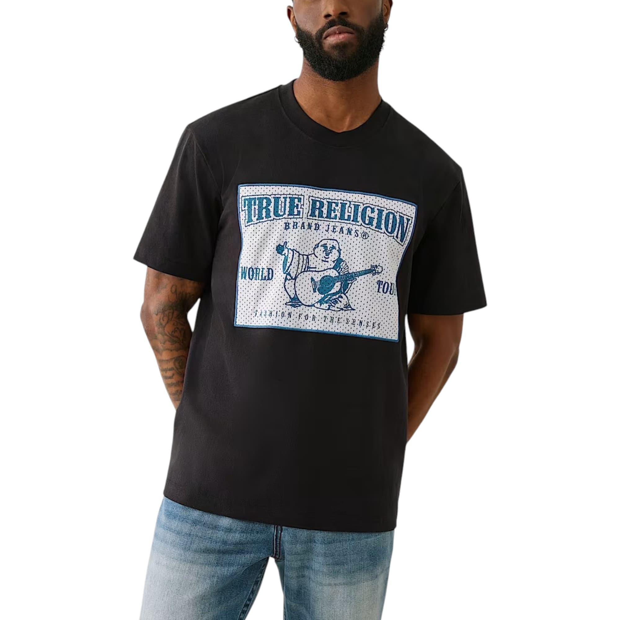 True Religion black mesh SRS logo crew neck t-shirt, front view