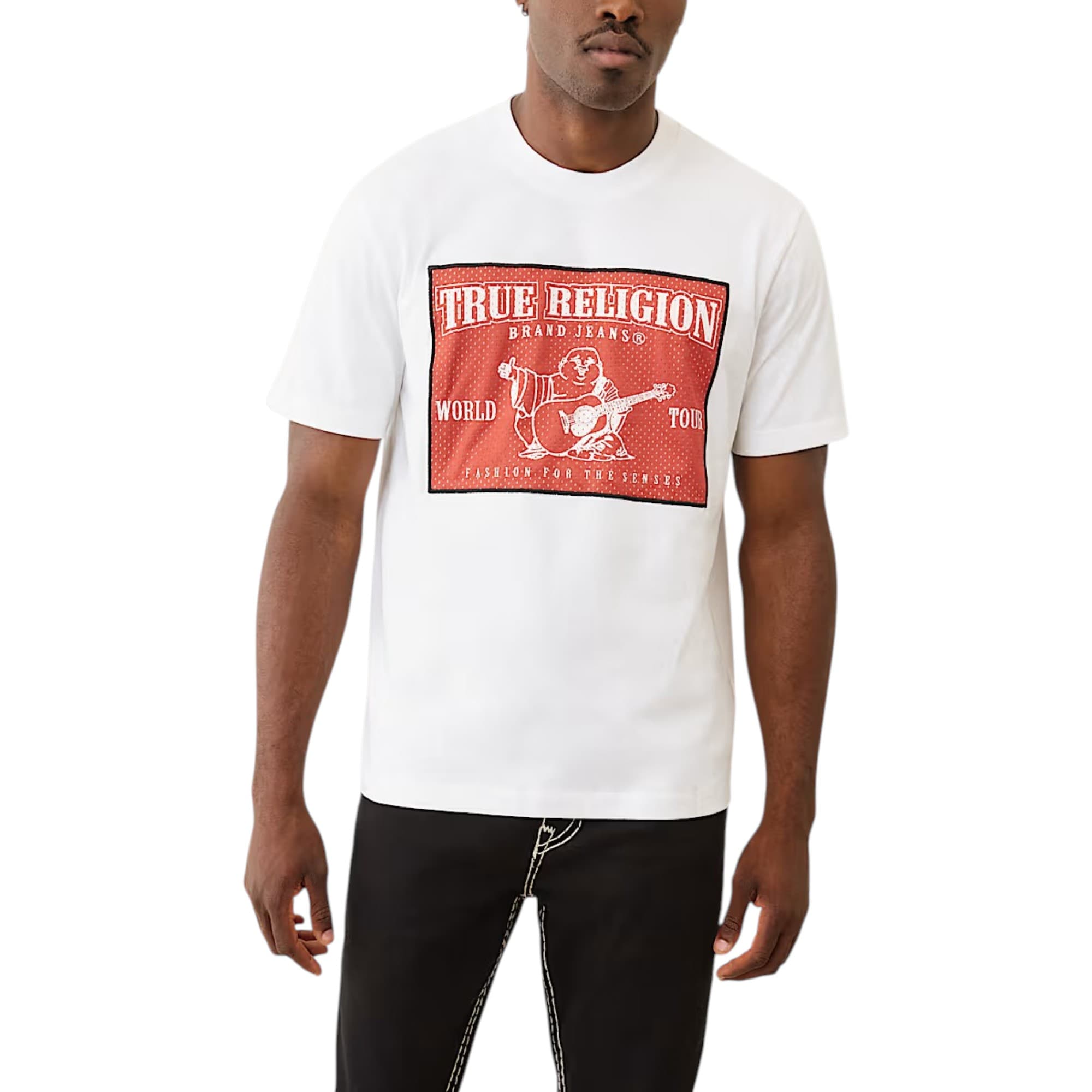 True Religion mens white Mesh SRS Graphic crew neck cotton t-shirt front view