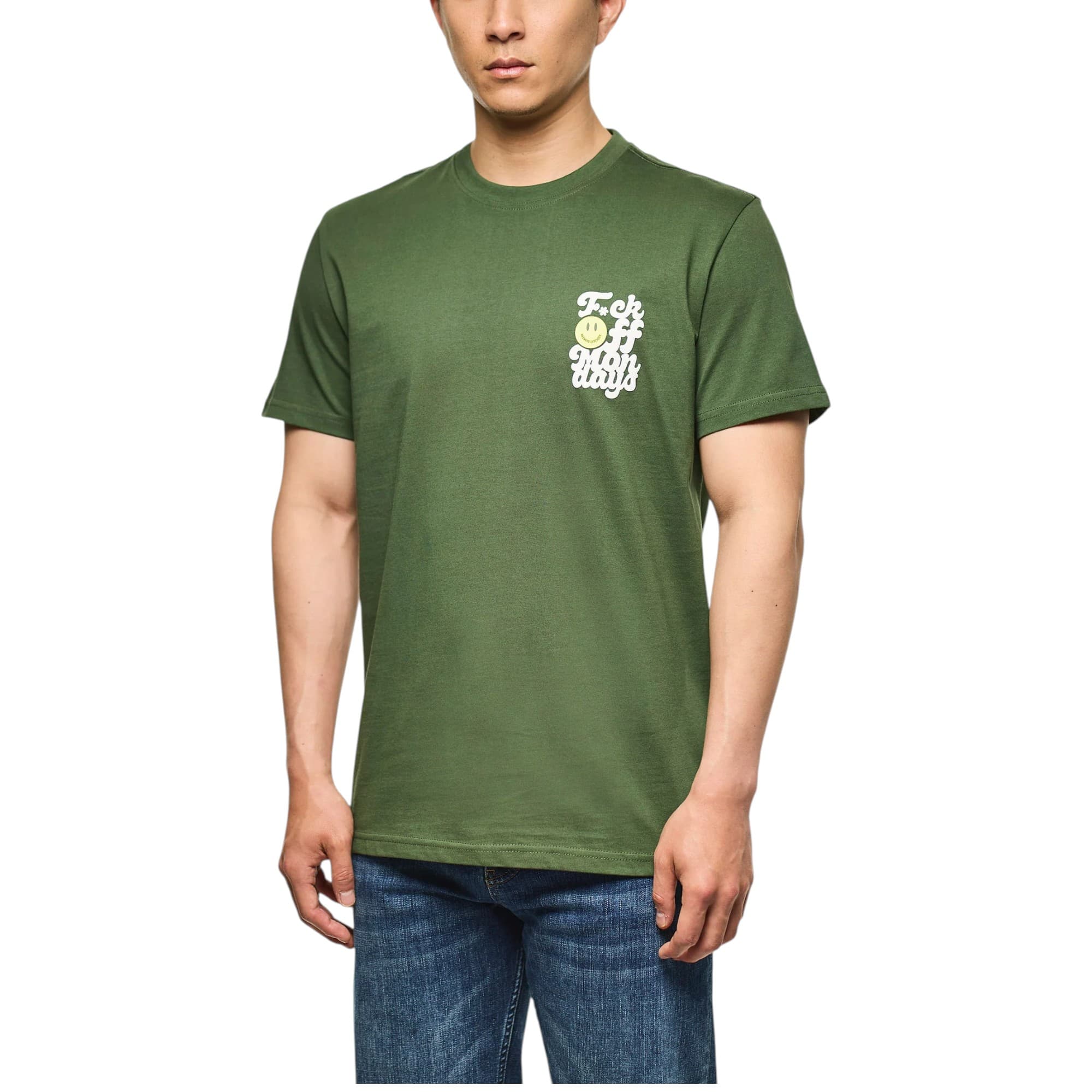Weekend Offender Off Mondays men's t-shirt in army green, front view