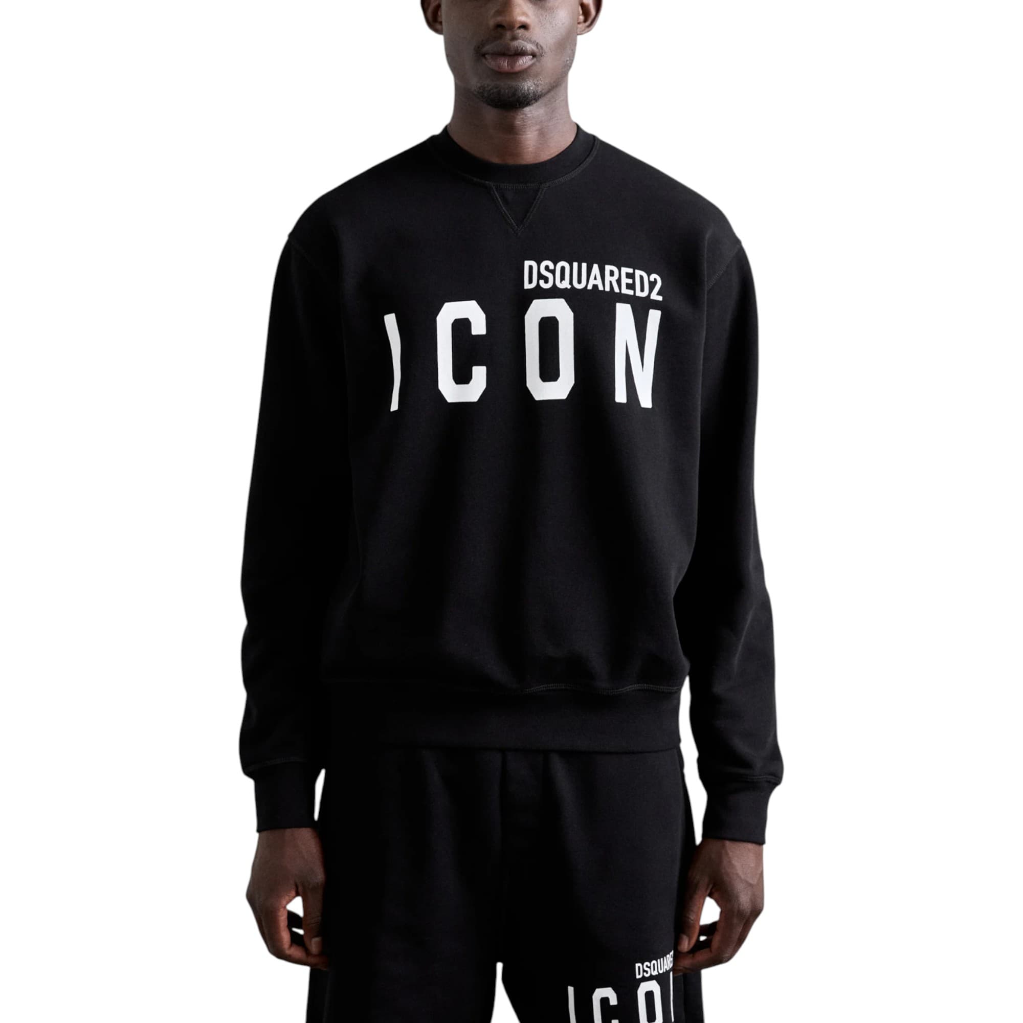 Dsquared2 mens black cotton sweatshirt with crew neck and tapered fit, front view