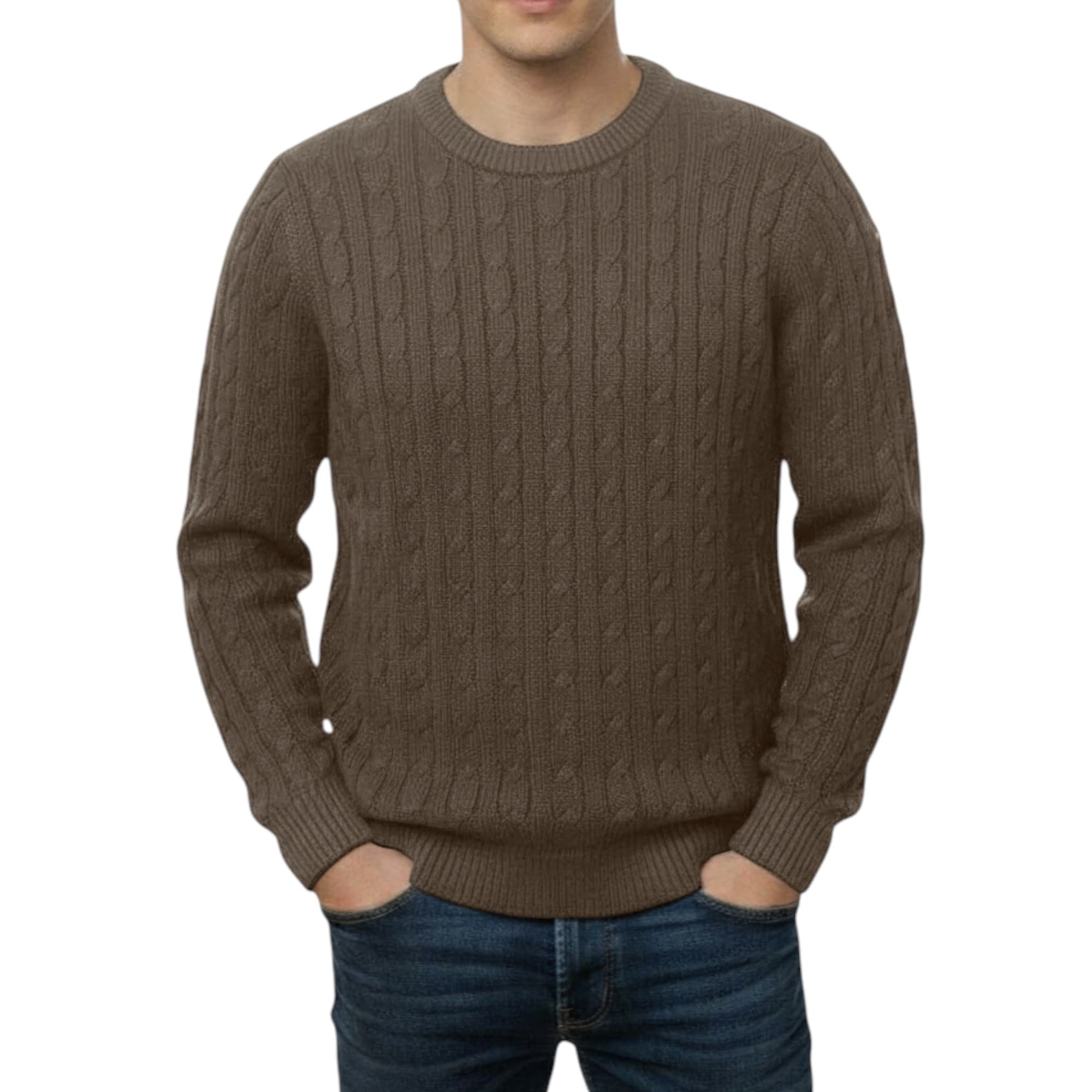 Firetrap Men's brown cable knit sweatshirt front view with crew neck