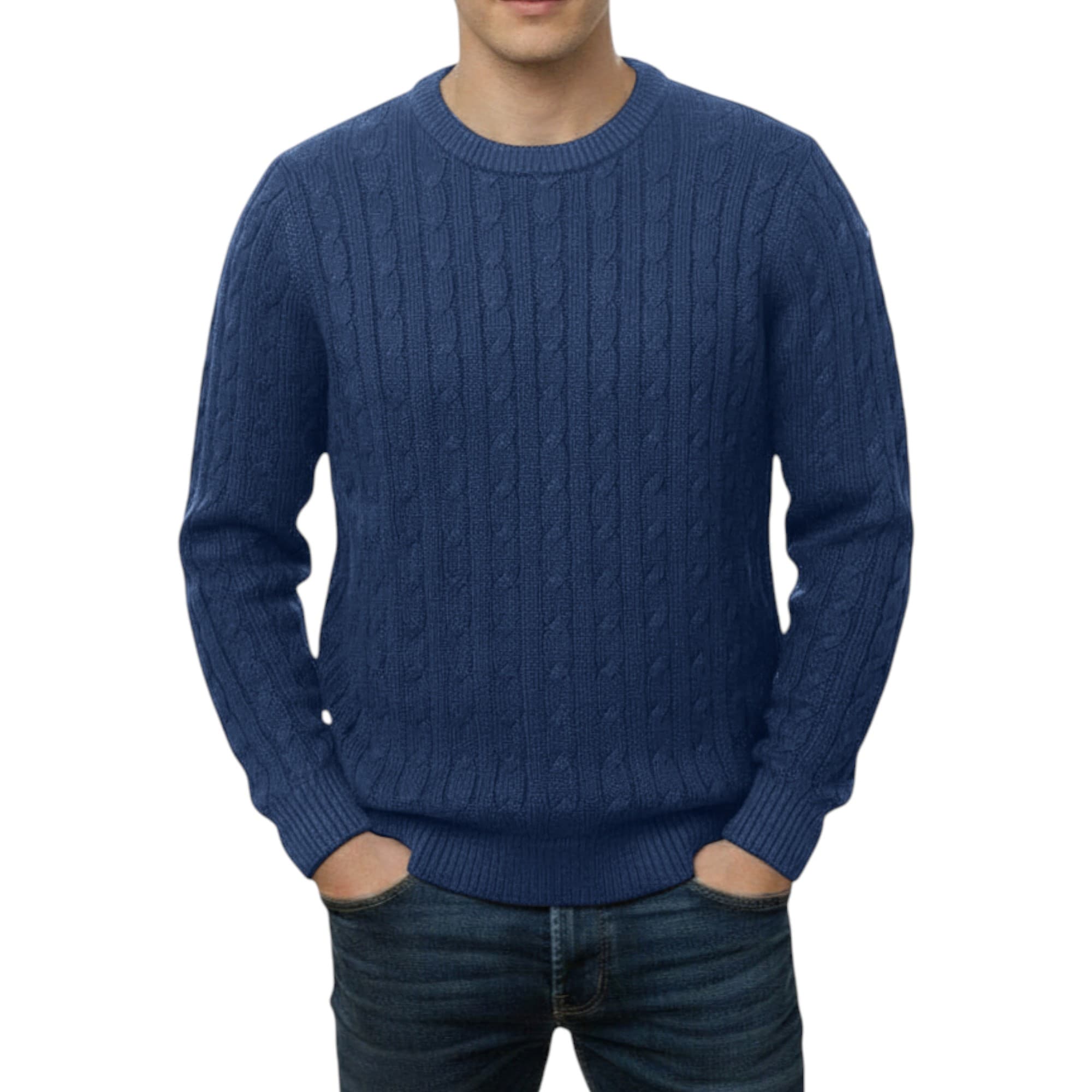 Firetrap navy men's cable knit sweatshirt front view with chunky texture