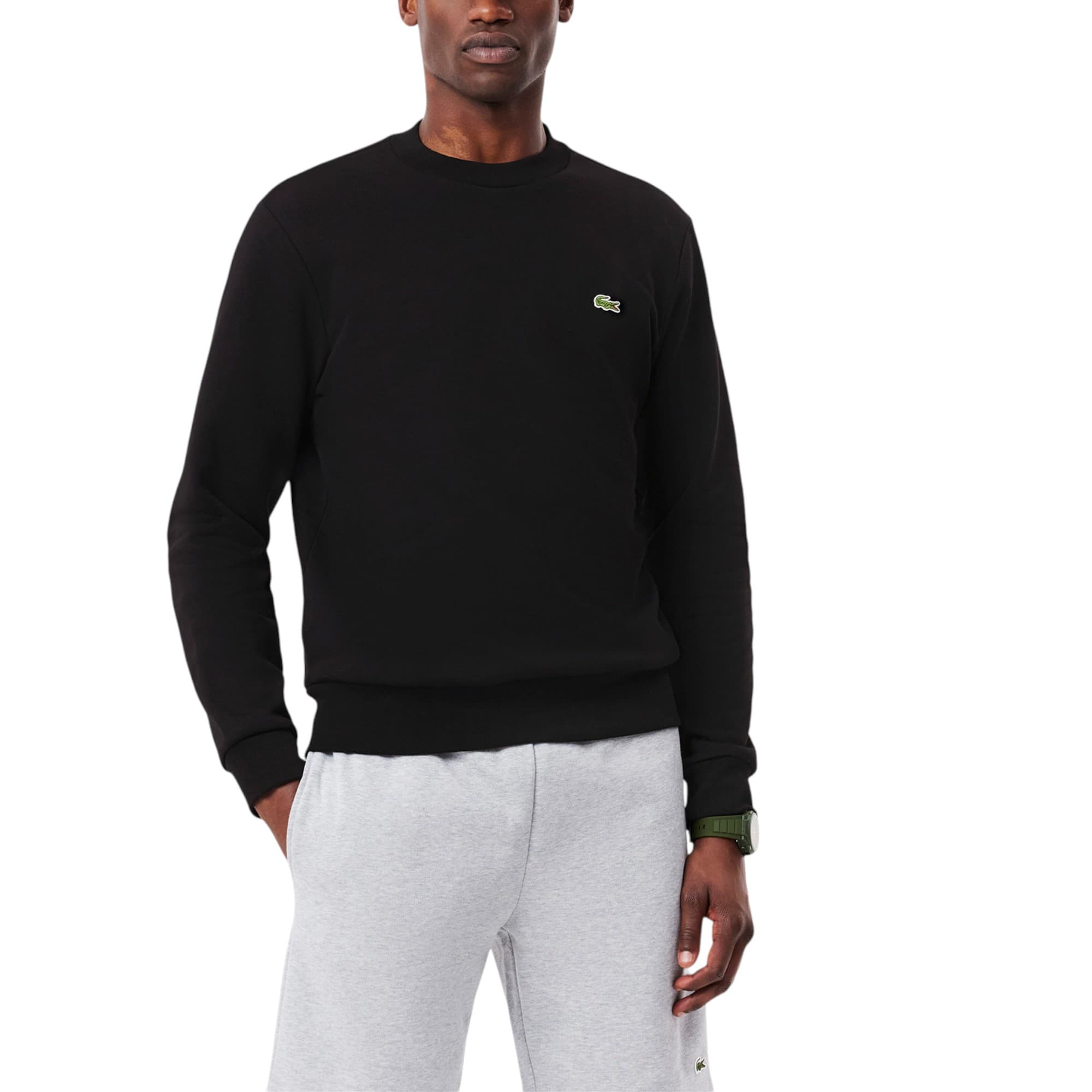 Lacoste mens black sweatshirt front view with embroidered crocodile logo