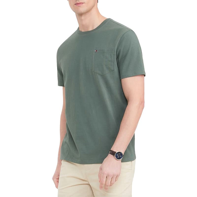 Tommy Hilfiger men's olive cotton t-shirt with embroidered flag logo and chest pocket, front view