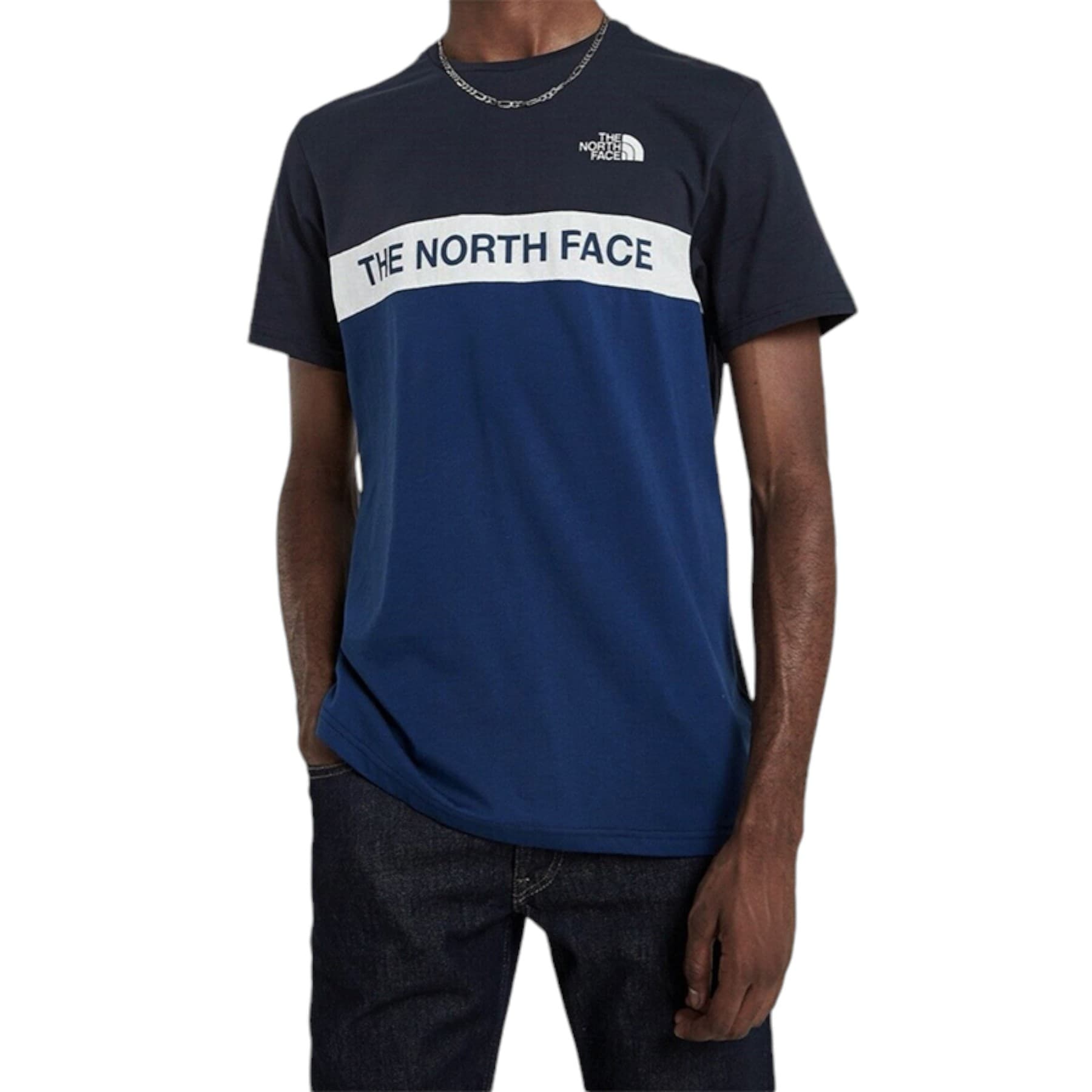 The North Face men's navy colour block cotton t-shirt front view